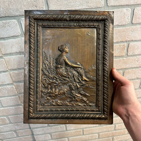 Antique 19th C. Bronze Copper Relief of Woman - 10" by 12.5" - Architectural Wall Panel