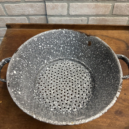 Antique Primitive Brown White Granitware Enamelware Colander Strainer Farmhouse