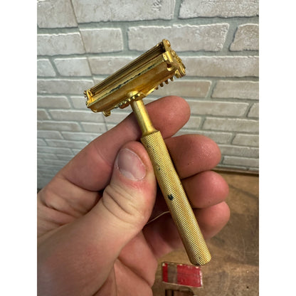 Vintage 1900s Valet "Million Dollar Razor" Auto Strop Gold Finish w/ Box + Extras