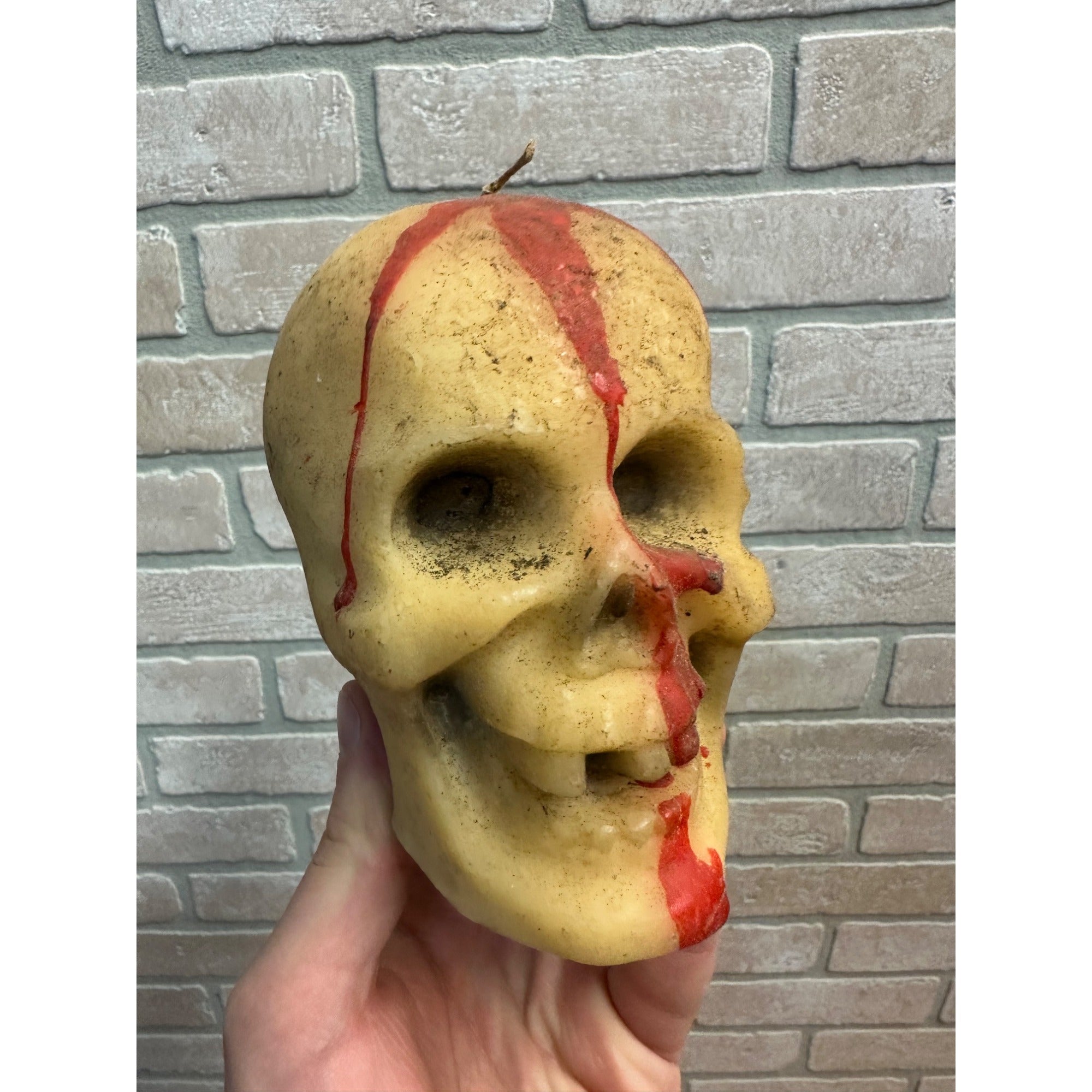 Vintage 1950s Gurley Bleeding Human Skull Wax Figural Candle Halloween Decor 4" Tall