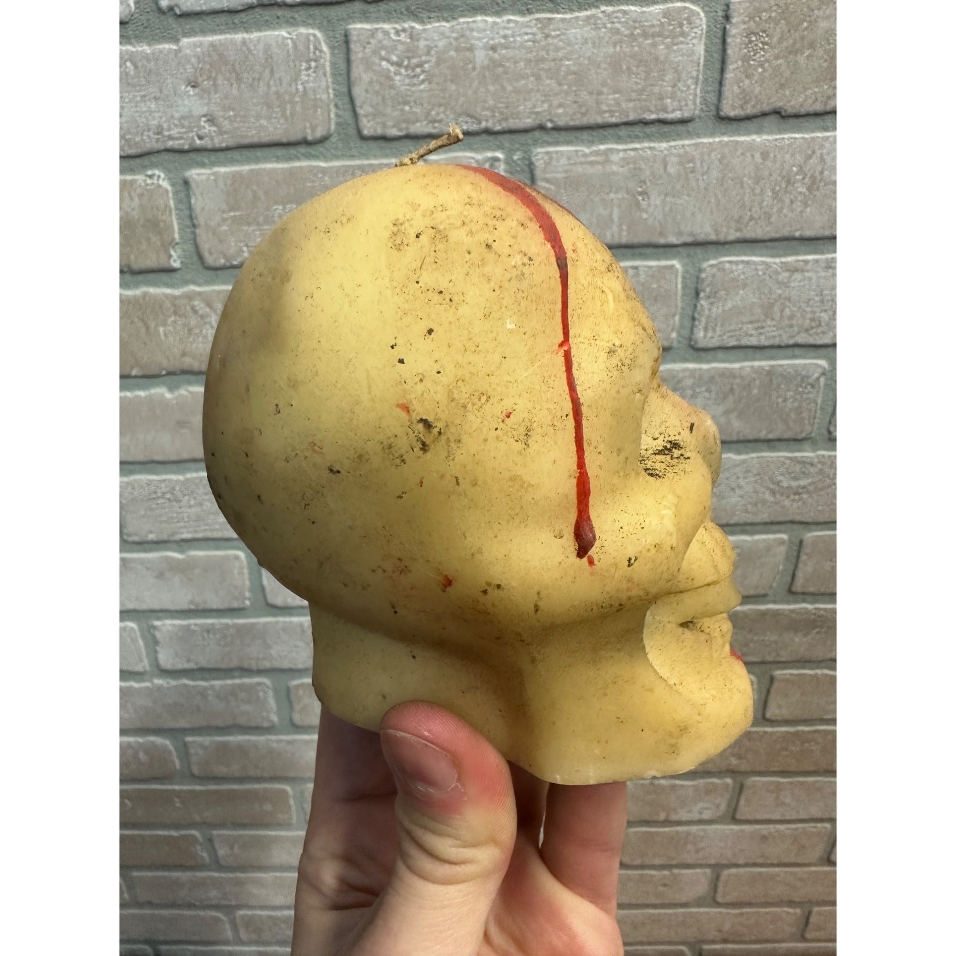 Vintage 1950s Gurley Bleeding Human Skull Wax Figural Candle Halloween Decor 4" Tall