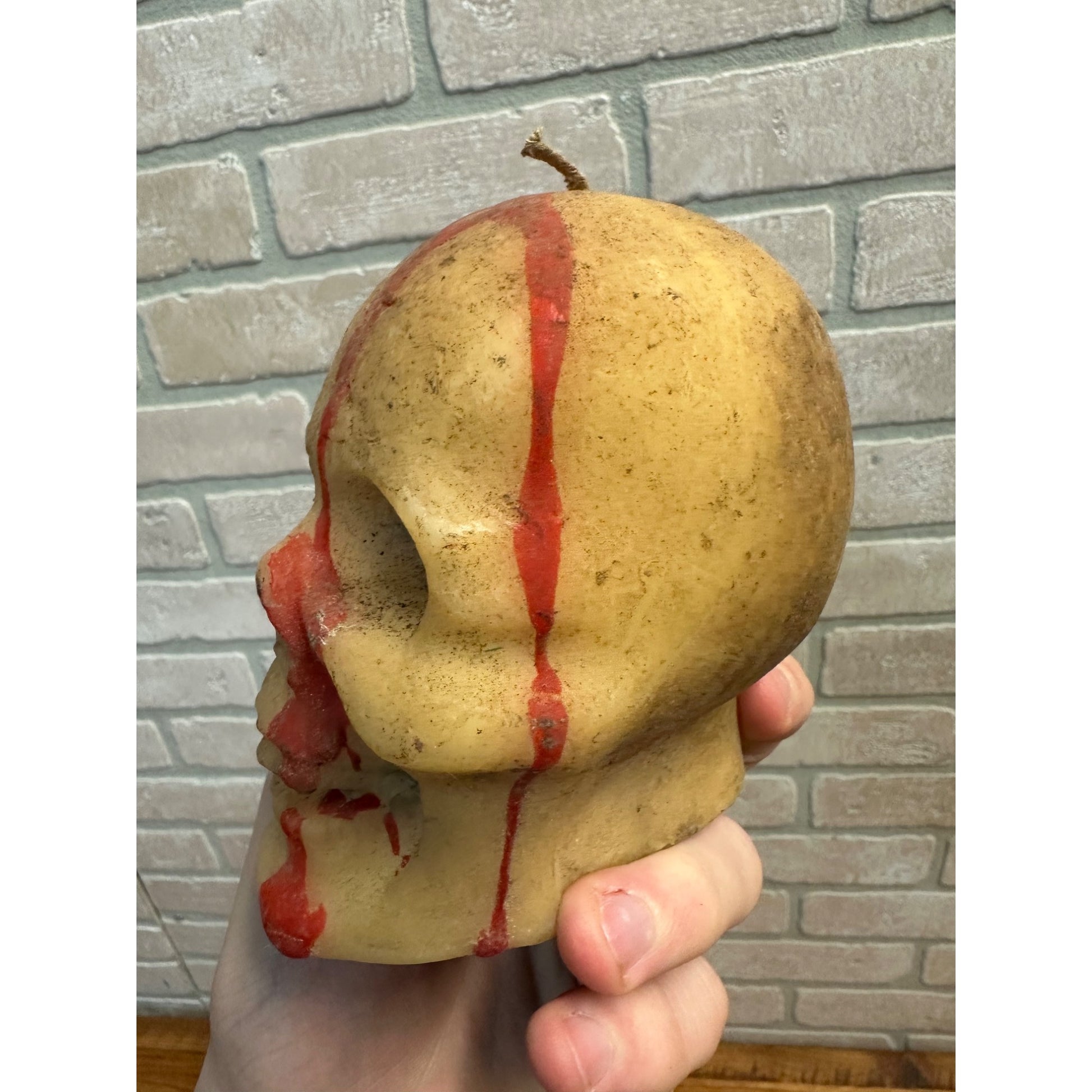Vintage 1950s Gurley Bleeding Human Skull Wax Figural Candle Halloween Decor 4" Tall