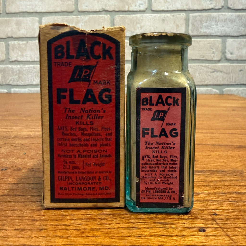 Vintage Black Flag Insect Powder Glass Bottle With Paper Label Baltimore, MD.