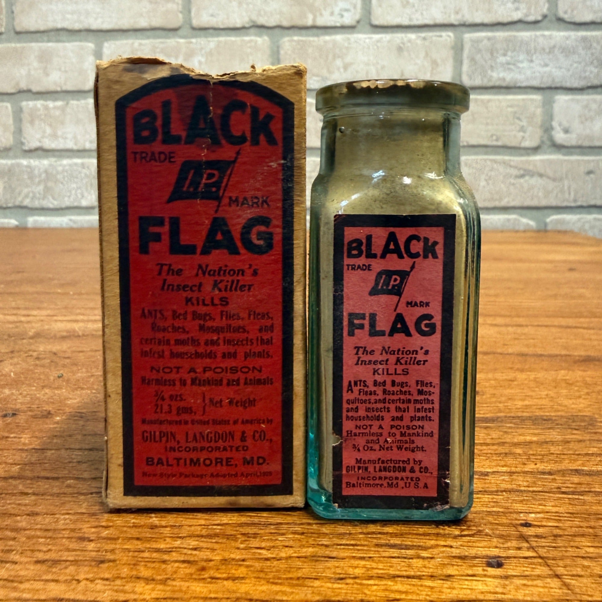 Vintage Black Flag Insect Powder Glass Bottle With Paper Label Baltimore, MD.