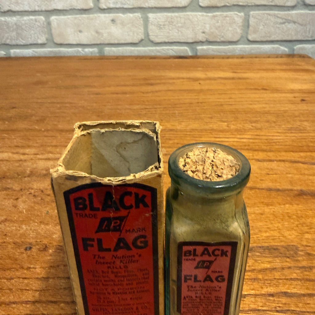 Vintage Black Flag Insect Powder Glass Bottle With Paper Label Baltimore, MD.