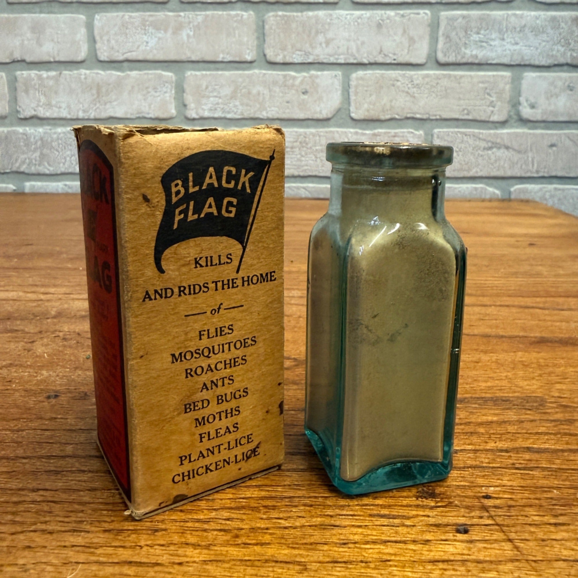 Vintage Black Flag Insect Powder Glass Bottle With Paper Label Baltimore, MD.