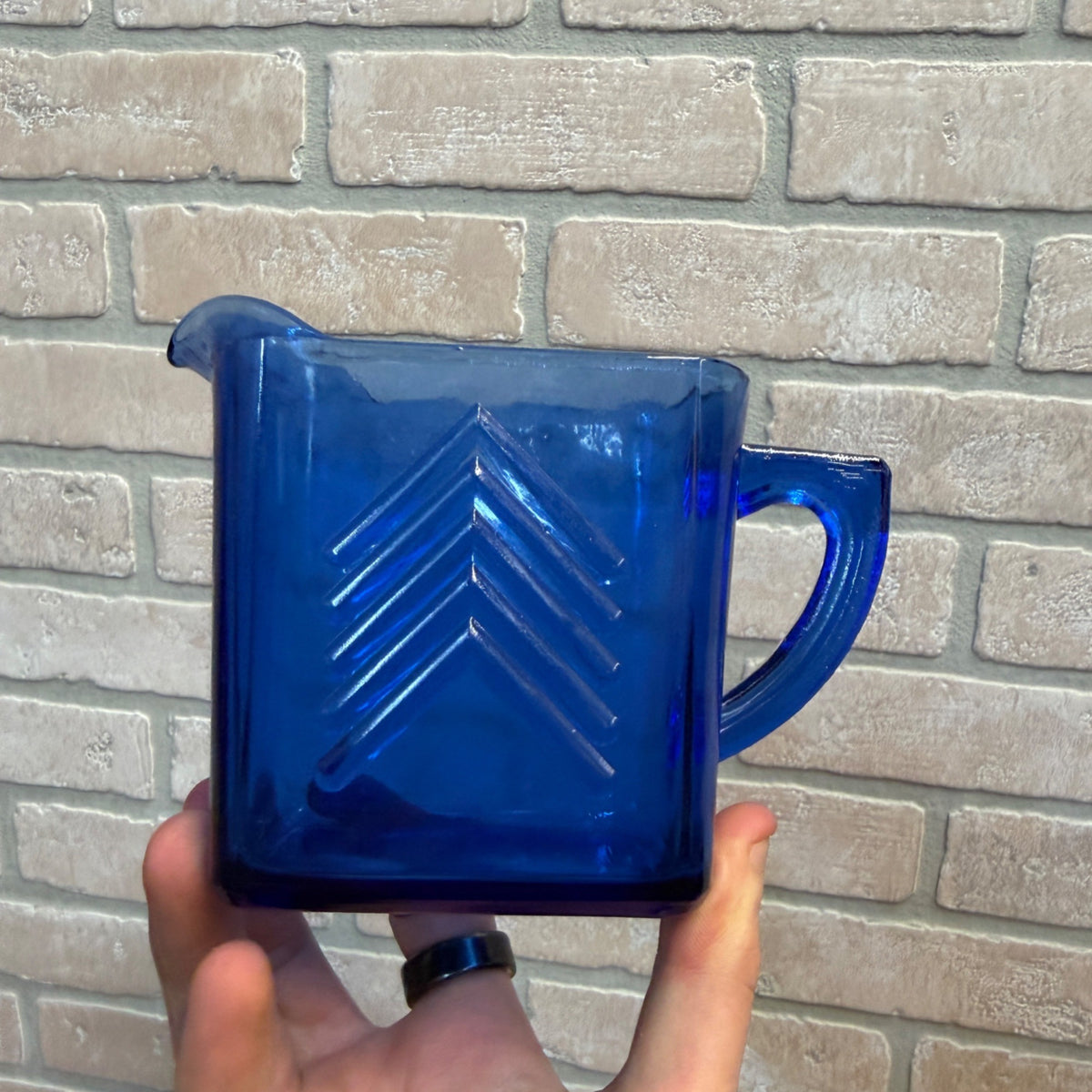 Vintage Hazel Atlas Depression Glass Cobalt Blue Small Pitcher Chevron Art Deco