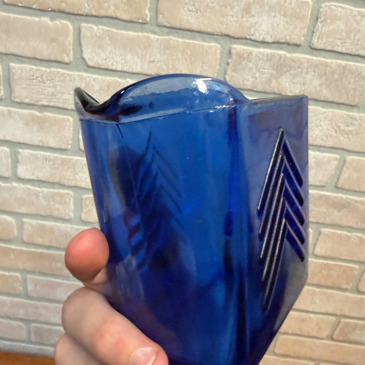 Vintage Hazel Atlas Depression Glass Cobalt Blue Small Pitcher Chevron Art Deco