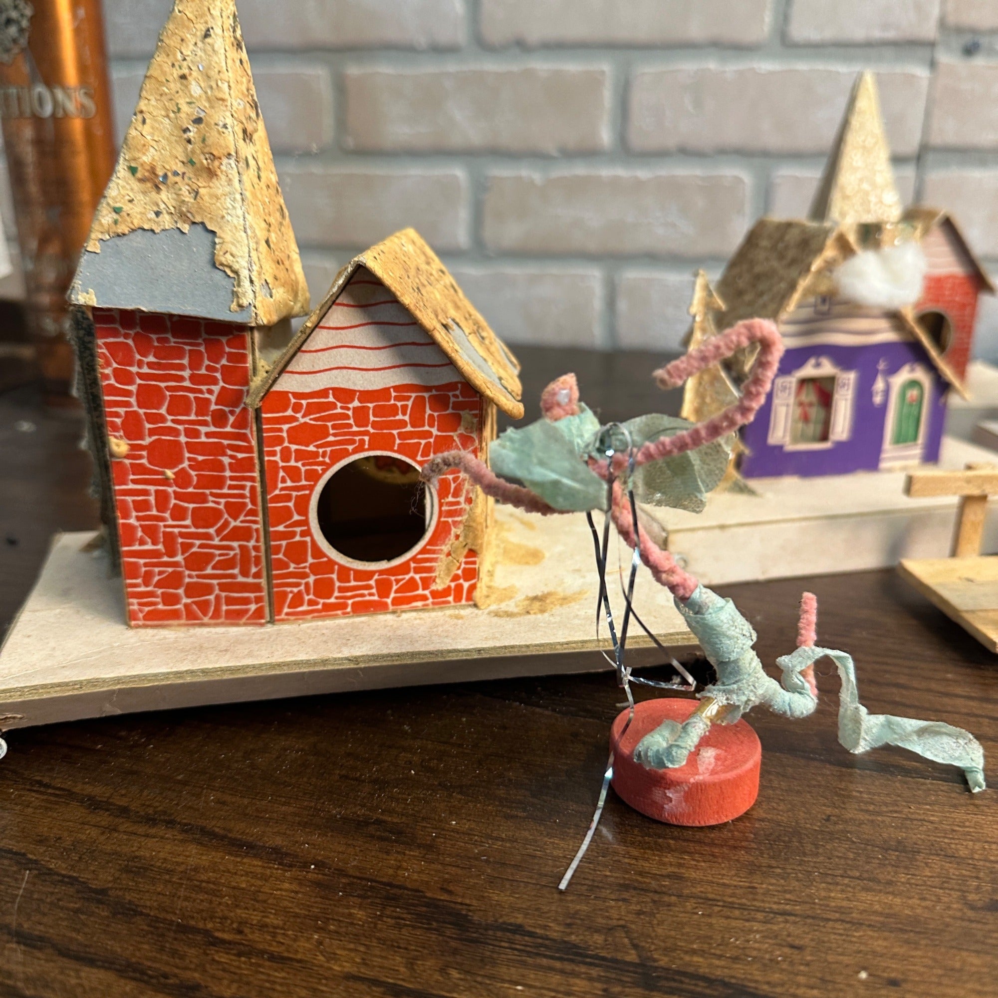 Vintage Mid Century Christmas Set of 8 Village Mica Putz Houses w/ Box