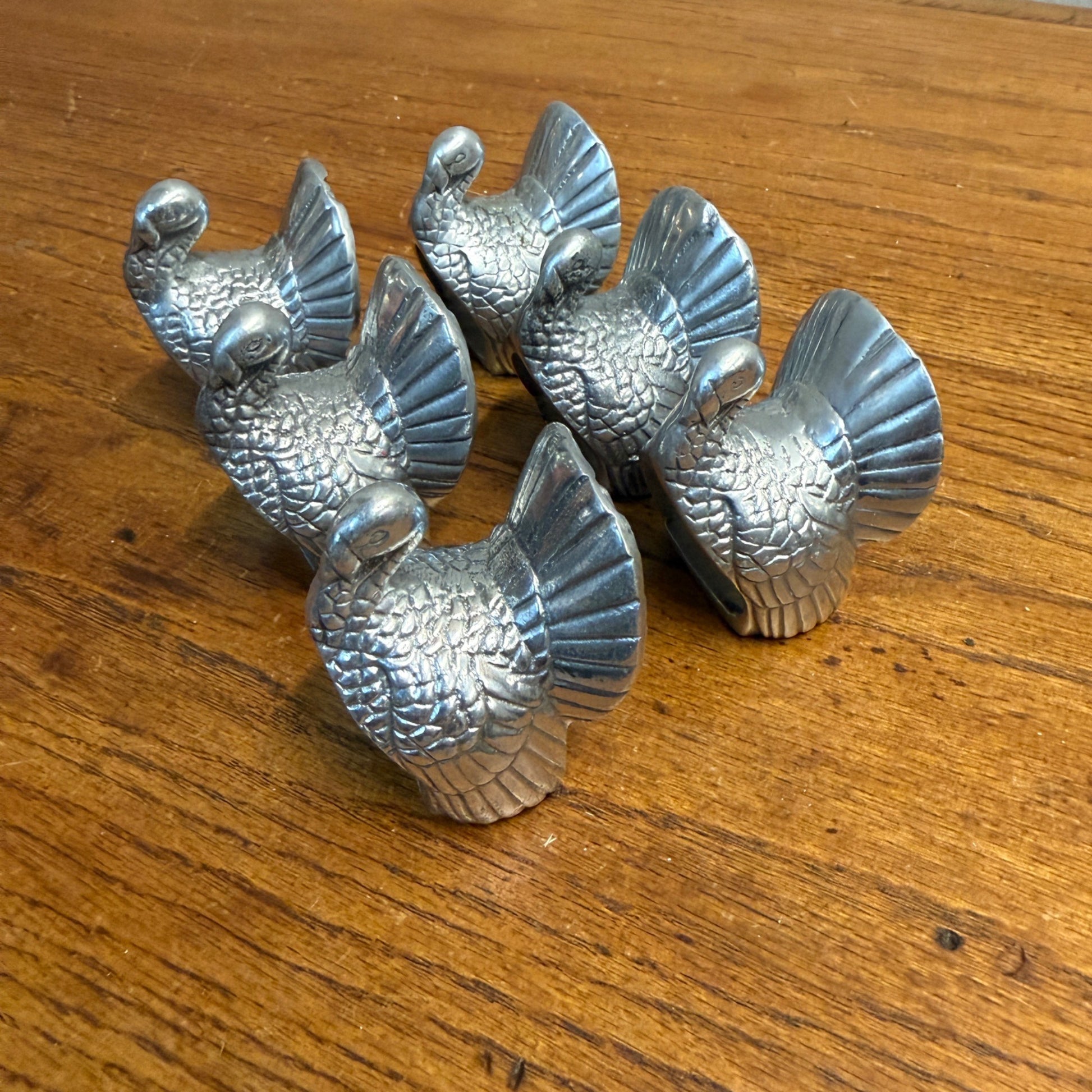Vintage Pewter Turkey Napkin Rings Lot Thanksgiving Fall Silver - Set of 6