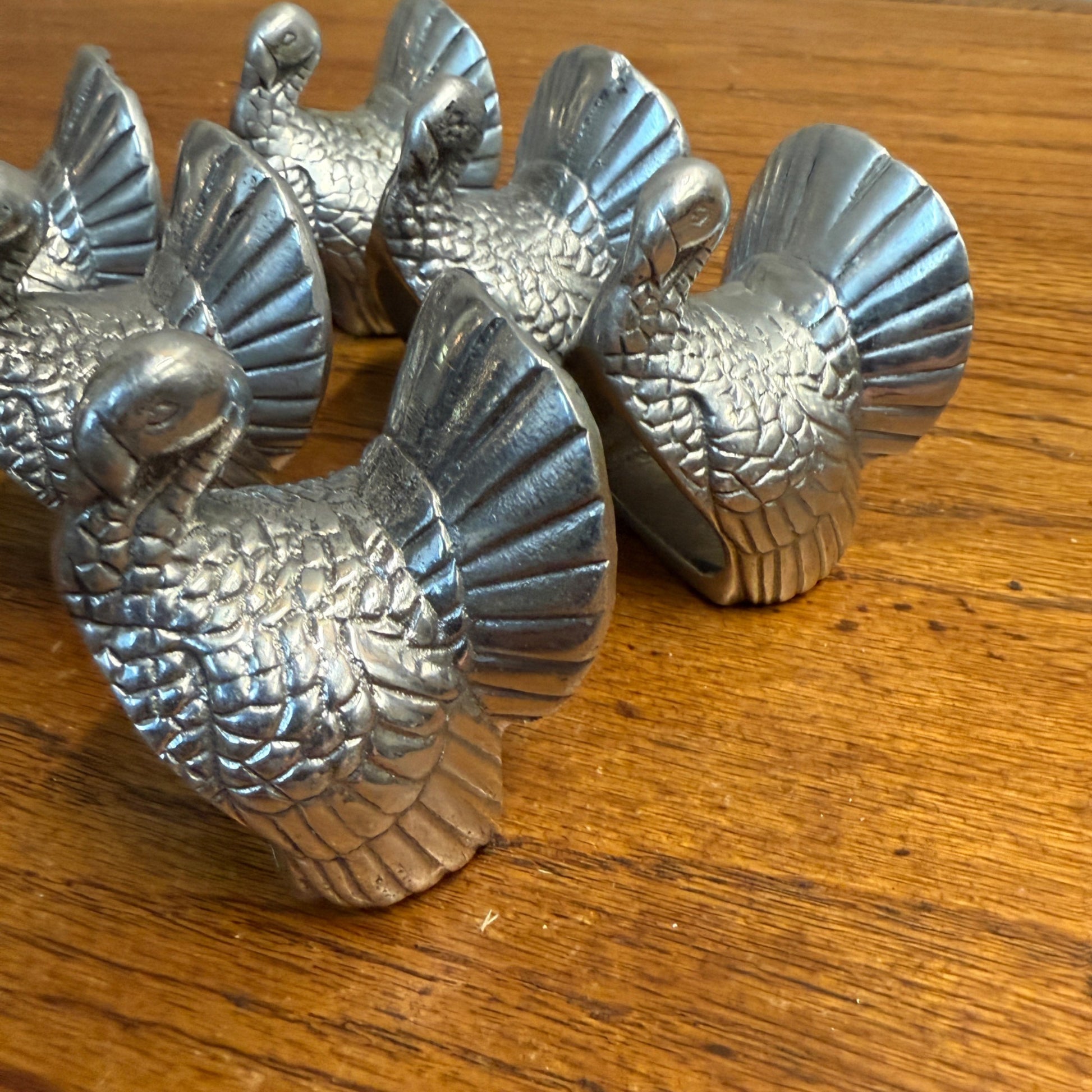 Vintage Pewter Turkey Napkin Rings Lot Thanksgiving Fall Silver - Set of 6