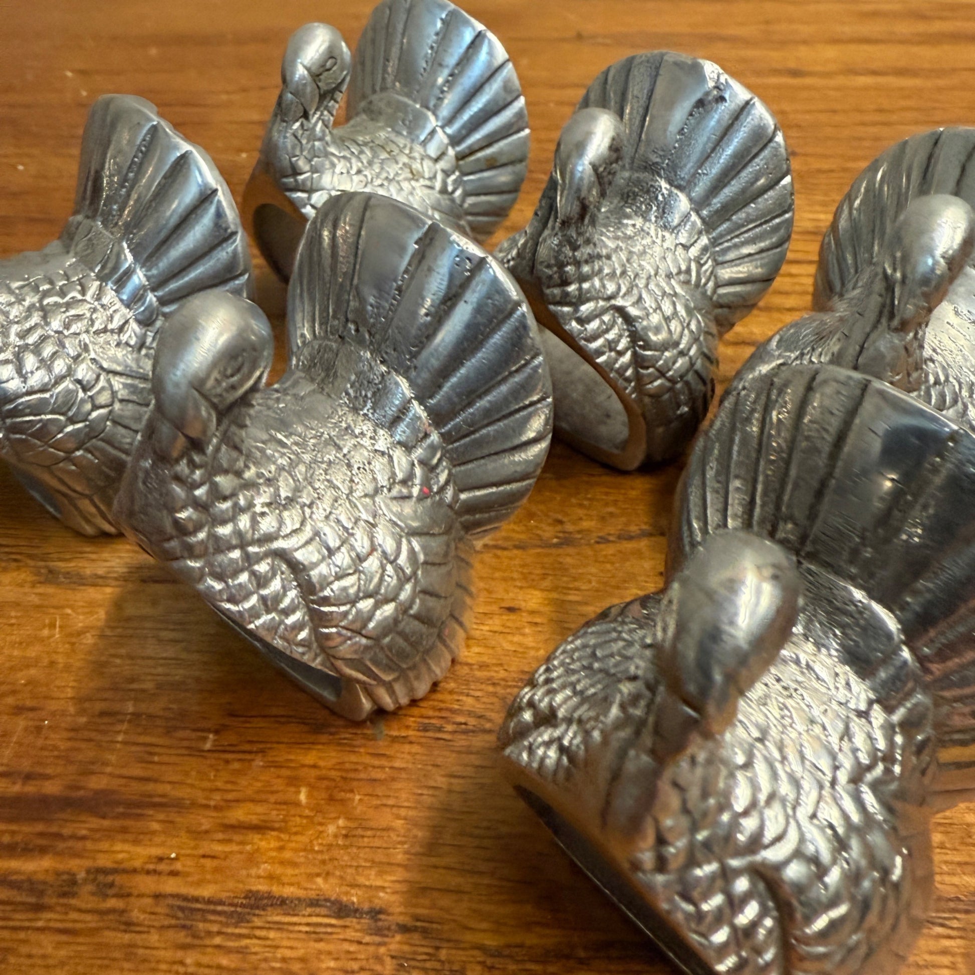 Vintage Pewter Turkey Napkin Rings Lot Thanksgiving Fall Silver - Set of 6
