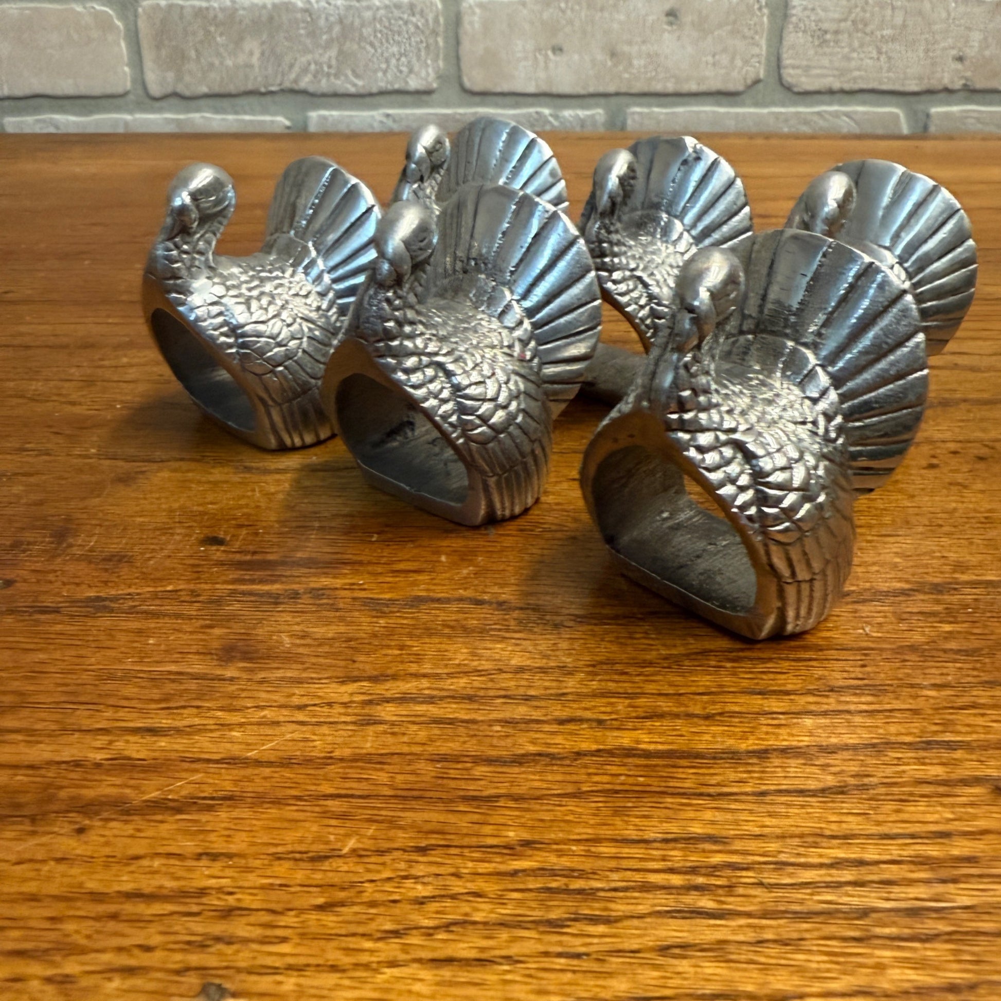 Vintage Pewter Turkey Napkin Rings Lot Thanksgiving Fall Silver - Set of 6
