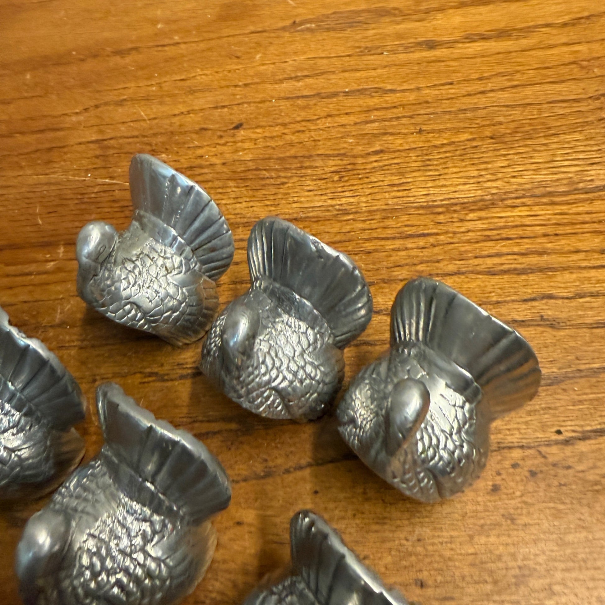 Vintage Pewter Turkey Napkin Rings Lot Thanksgiving Fall Silver - Set of 6