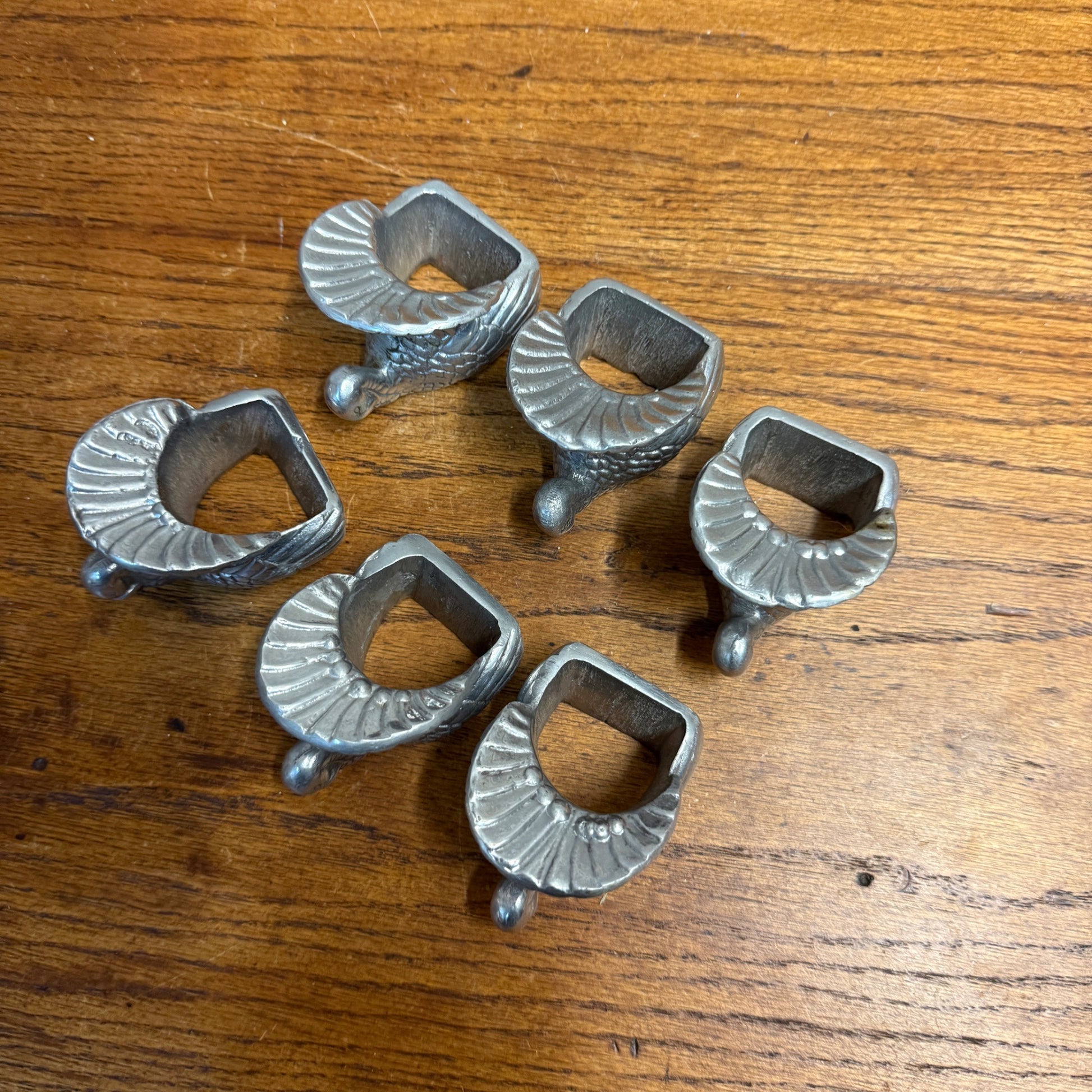 Vintage Pewter Turkey Napkin Rings Lot Thanksgiving Fall Silver - Set of 6