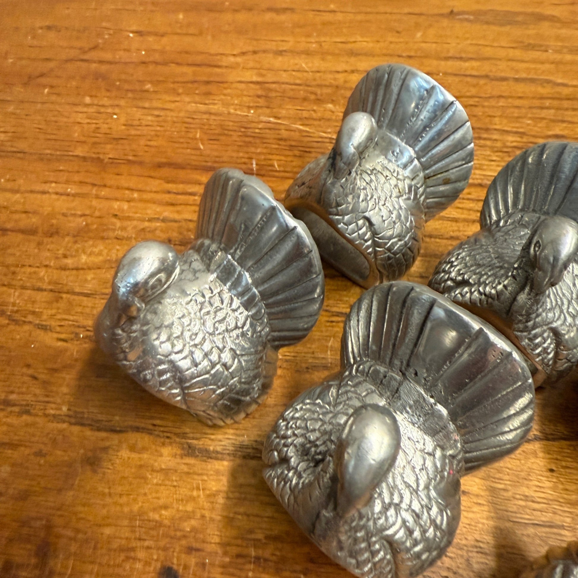 Vintage Pewter Turkey Napkin Rings Lot Thanksgiving Fall Silver - Set of 6