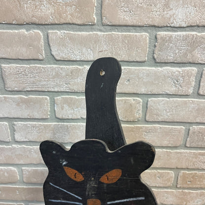 Vintage Halloween Black Cat Wooden Match Stick Holder Wall Hanging