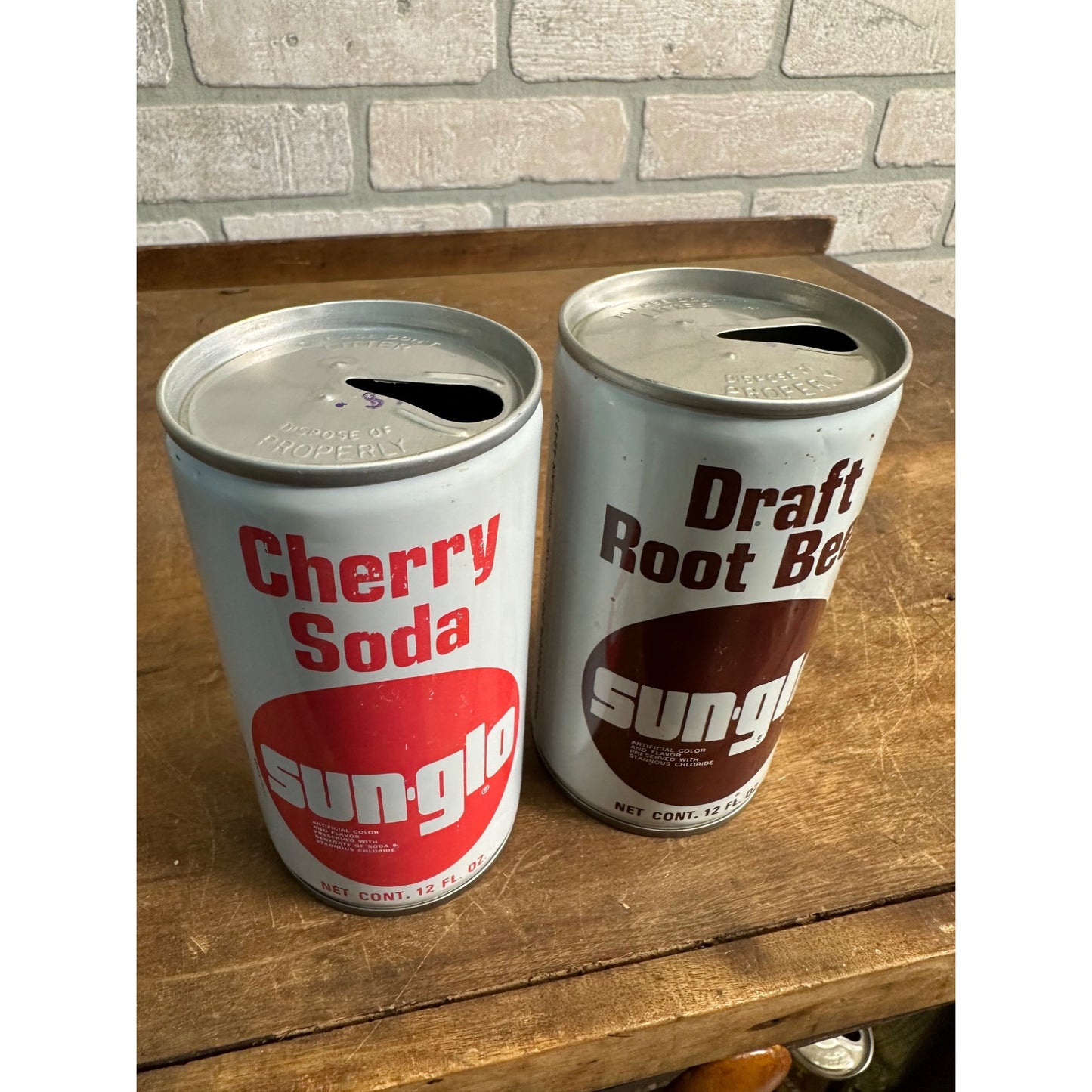 Vintage Sun-Glo Soda Pop Cans (2) Cherry Root Beer Steel Pull Tab Flat Top