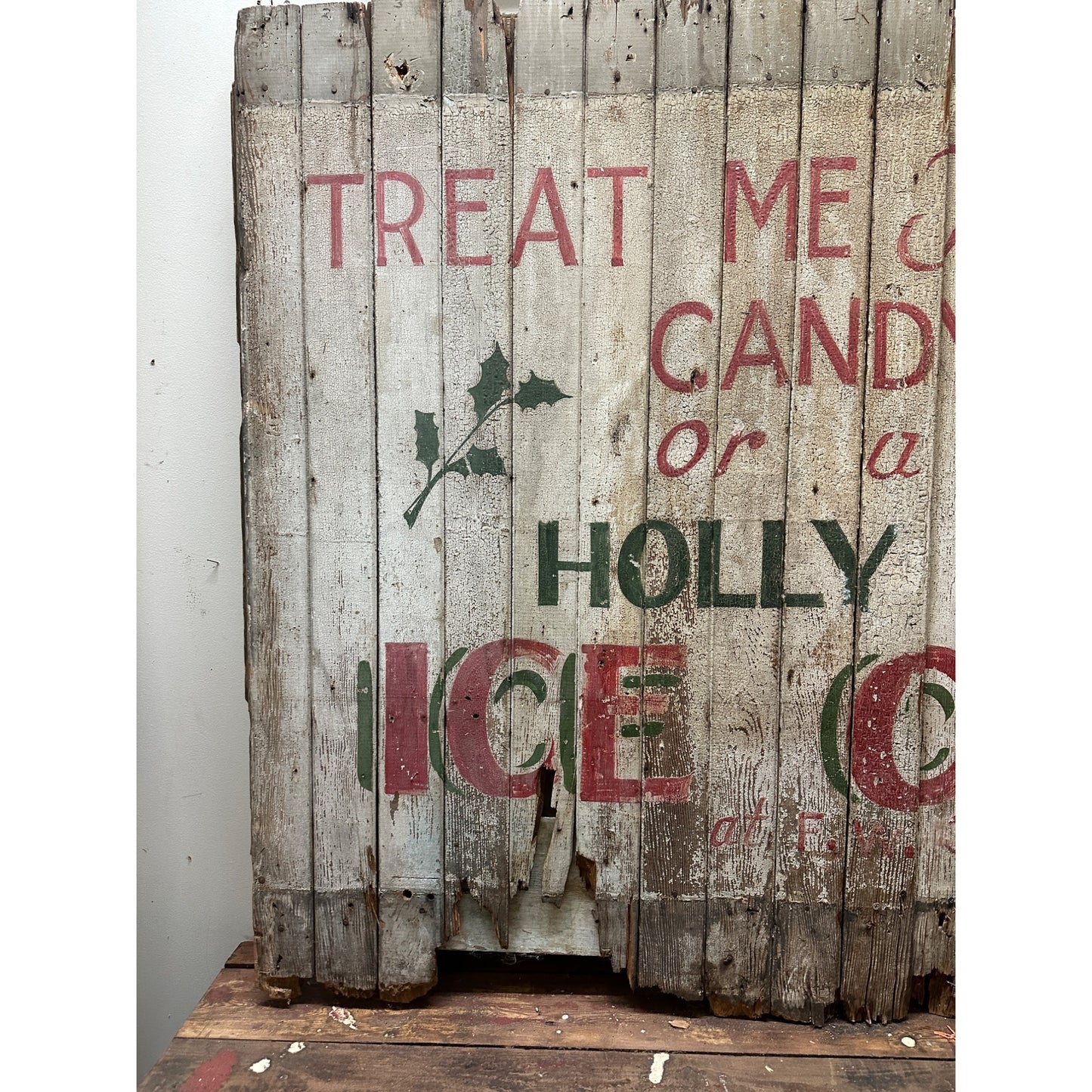 Antique Early 1900s Holly Dairy Ice Cream Painted Wooden Trade Sign Soda Store