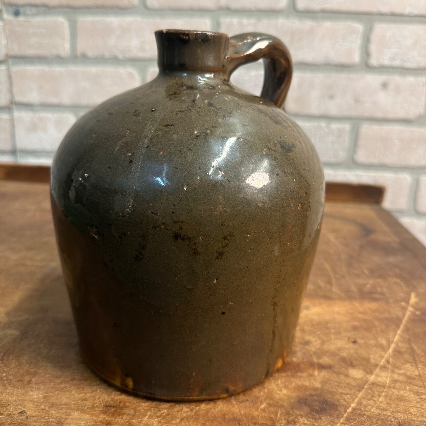 Antique 7-1/2" Gray-ish Brown Stoneware Jug Moonshine W/ Handle Unmarked Glazed