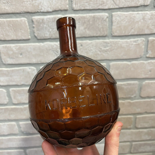 ANTIQUE KORBELINE ANTIQUE HONEYCOMB GRENADE AMBER BROWN GLASS MEDICINE BOTTLE