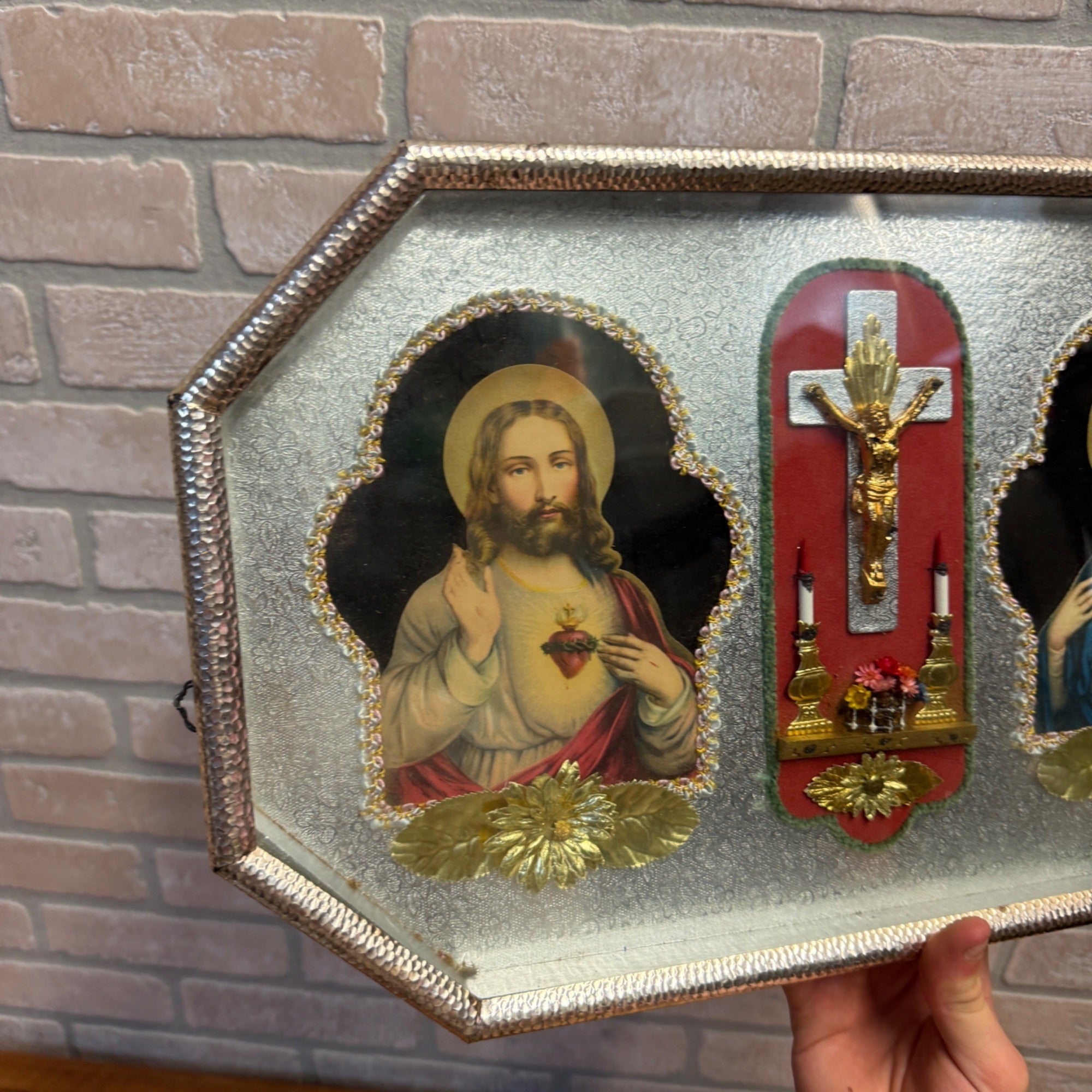 Vintage Catholic Sacred Heart Jesus Mary Shadow Box Shrine Crucifix Wall Hanging
