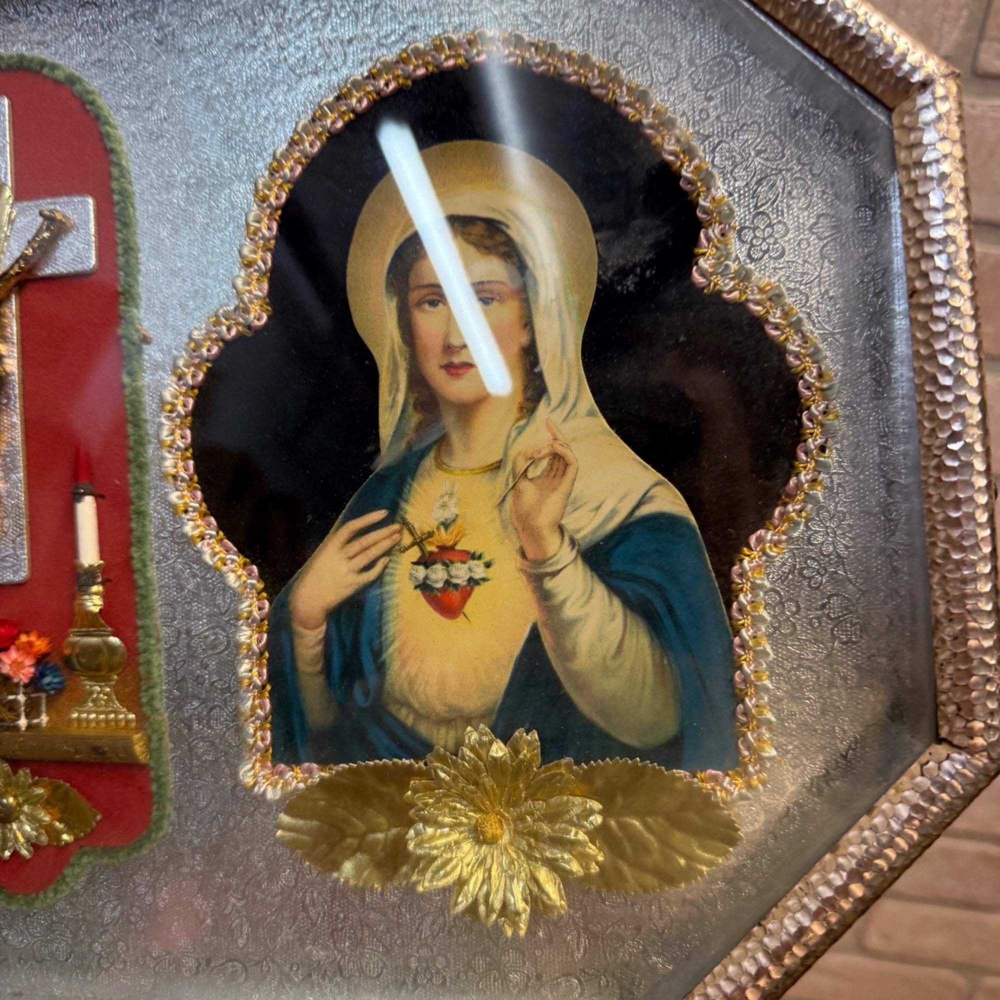 Vintage Catholic Sacred Heart Jesus Mary Shadow Box Shrine Crucifix Wall Hanging
