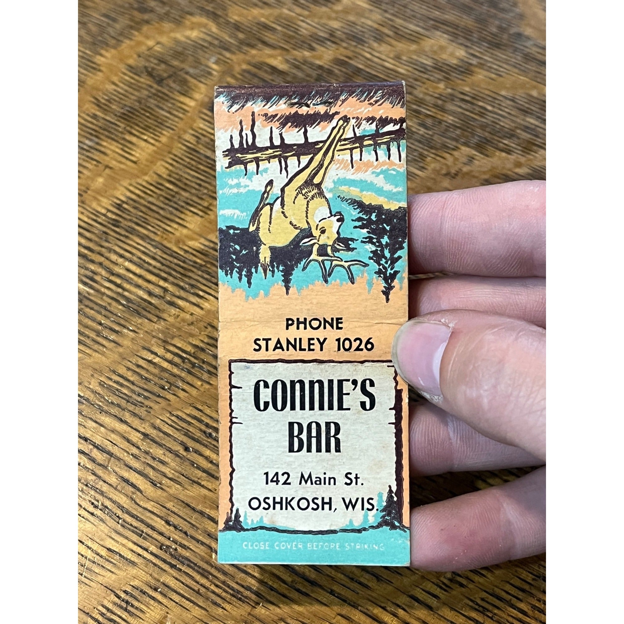 Vintage Matchbook Advertising - Connie’s Bar - Oshkosh, Wis Outdoors Hunting Wildlife