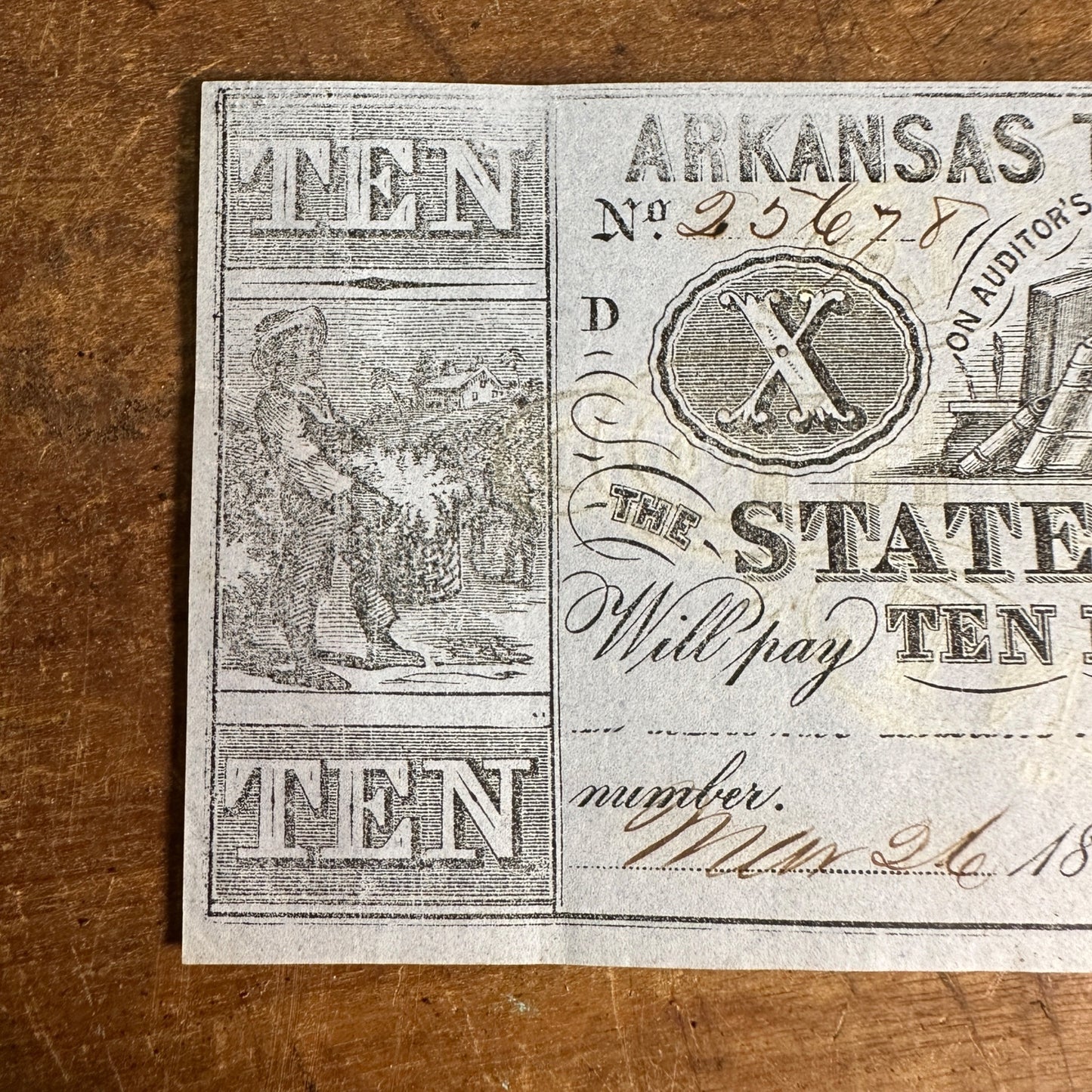 1863  $10 ARKANSAS TREASURY WARRANT CIVIL WAR ERA TEN DOLLARS FINE