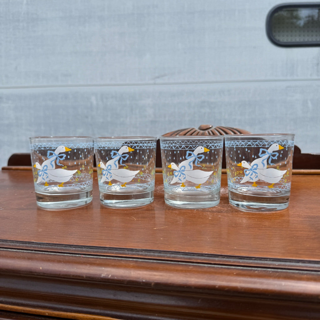 Vintage (4) Country Goose Blue Ribbon Anchor Hocking Low Ball Cocktail Glass Lot of 4