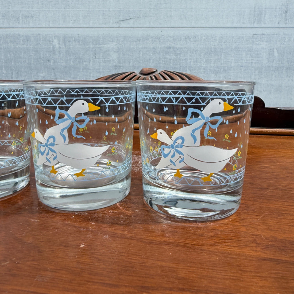Vintage (4) Country Goose Blue Ribbon Anchor Hocking Low Ball Cocktail Glass Lot of 4