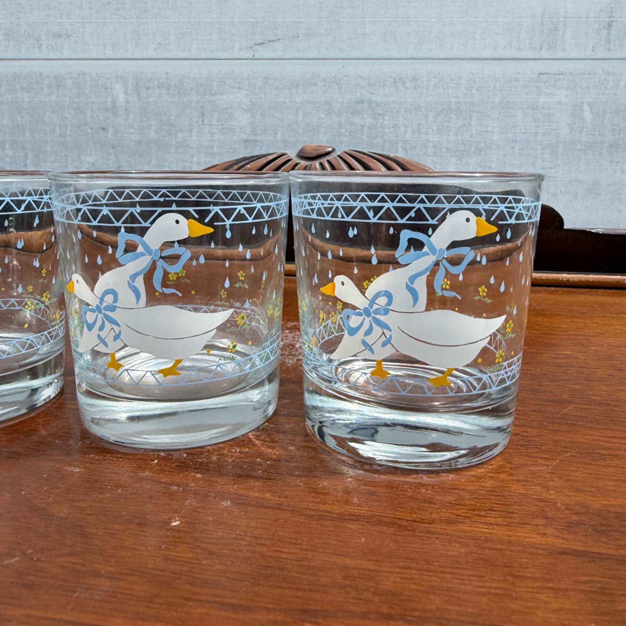 Vintage (4) Country Goose Blue Ribbon Anchor Hocking Low Ball Cocktail Glass Lot of 4