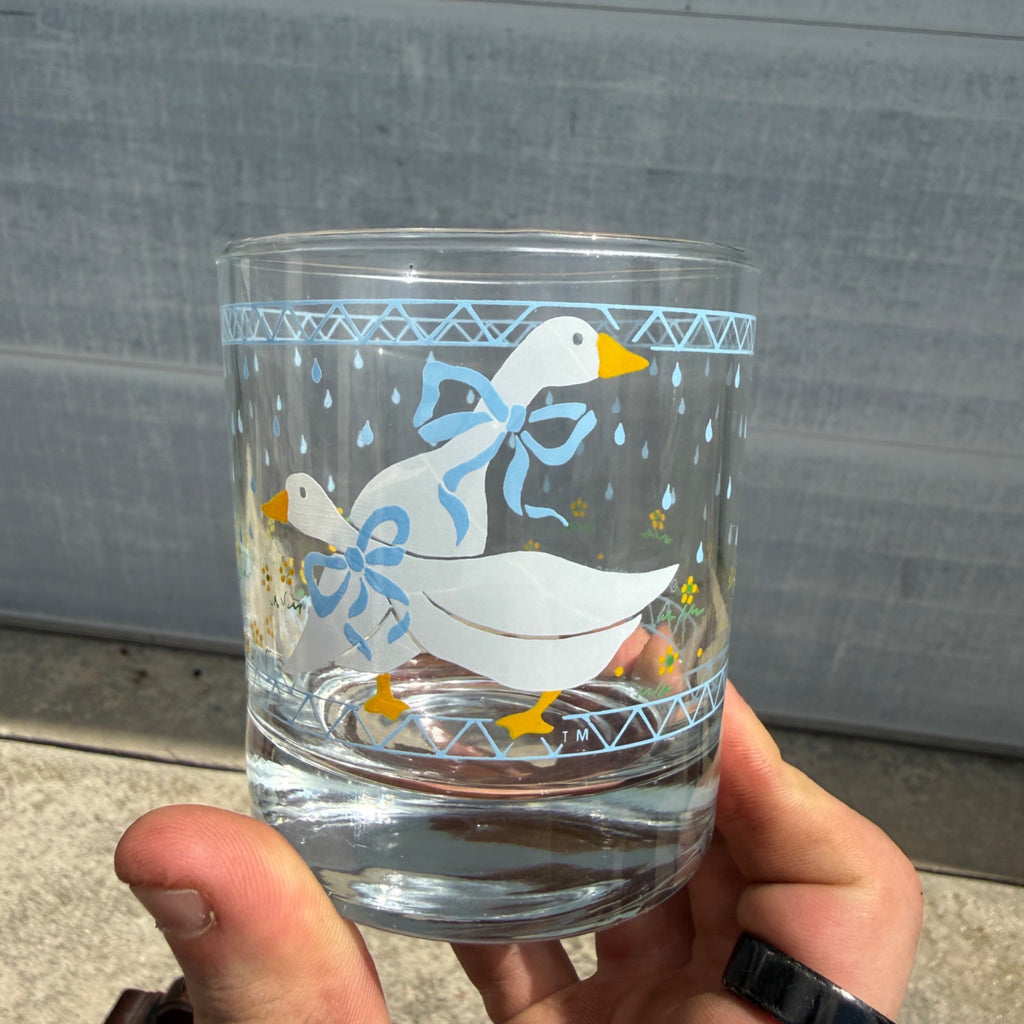 Vintage (4) Country Goose Blue Ribbon Anchor Hocking Low Ball Cocktail Glass Lot of 4