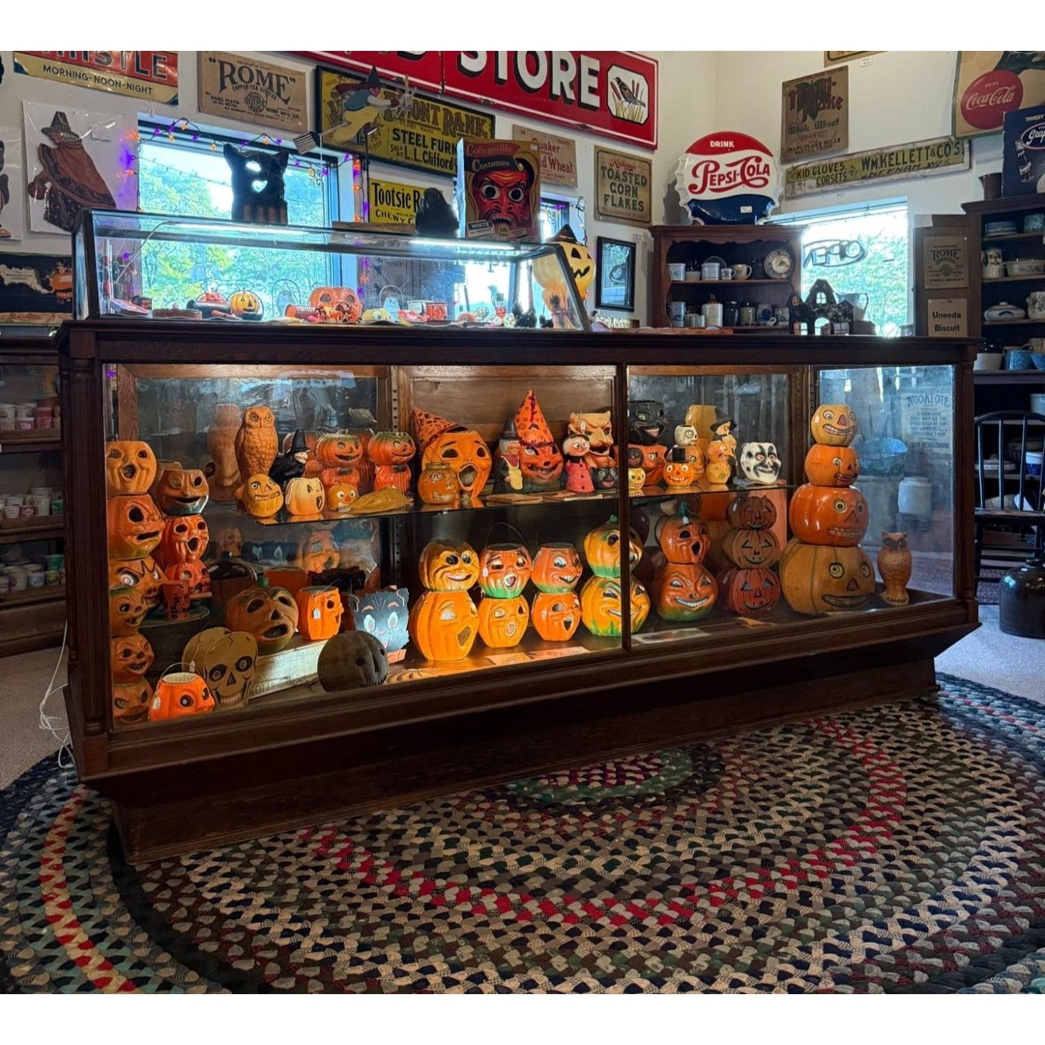 Antique General Store Mercantile 8ft Display Case Oak Counter Cabinet Glass Showcase