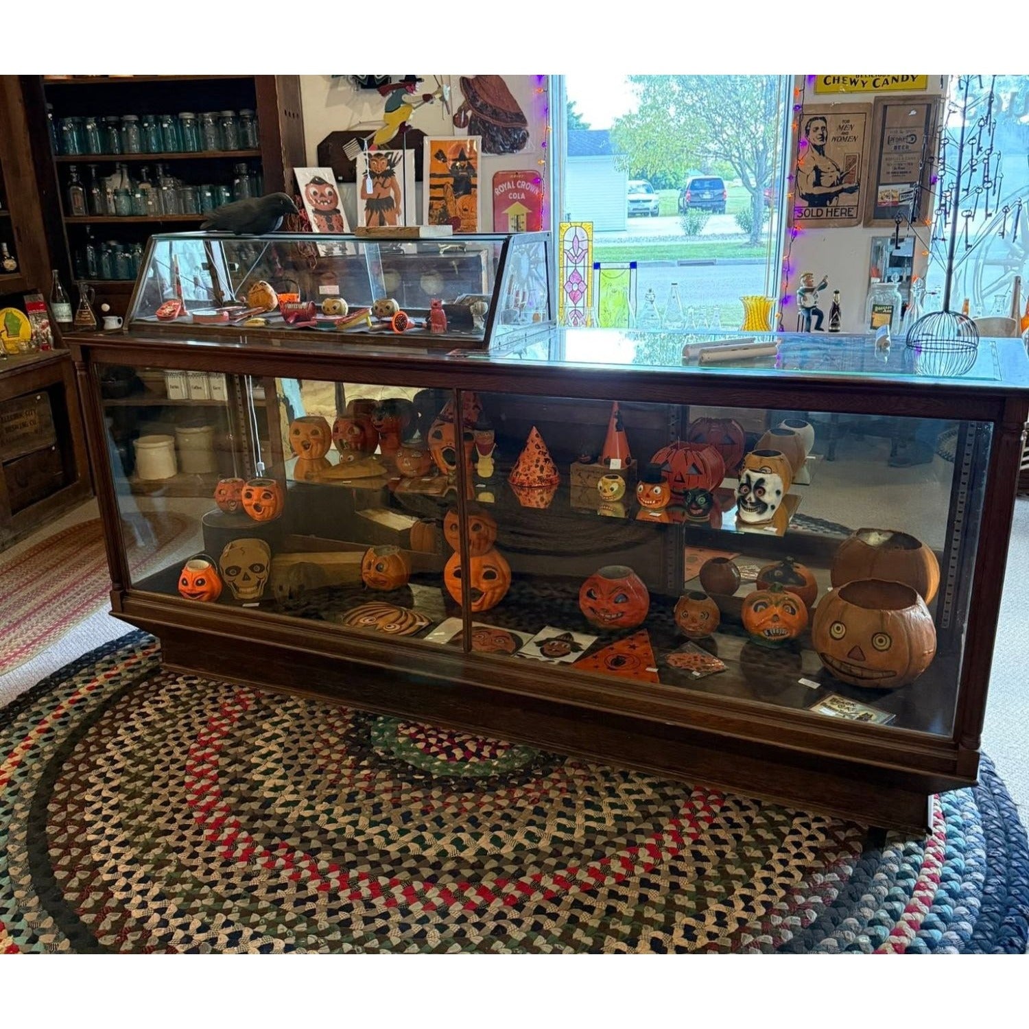 Antique General Store Mercantile 8ft Display Case Oak Counter Cabinet Glass Showcase