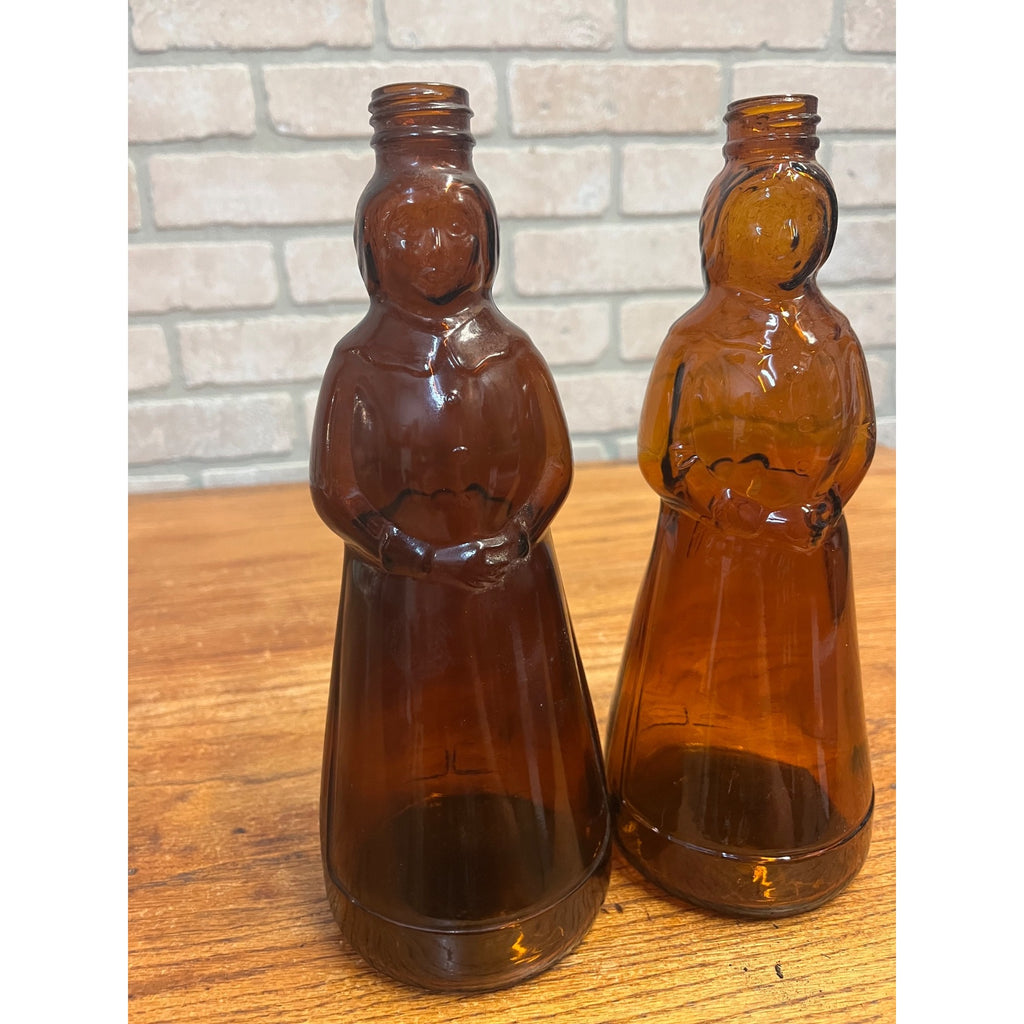 Vintage Mrs Buttersworth Maple Syrup Amber Glass Bottles Lot (2) 10"