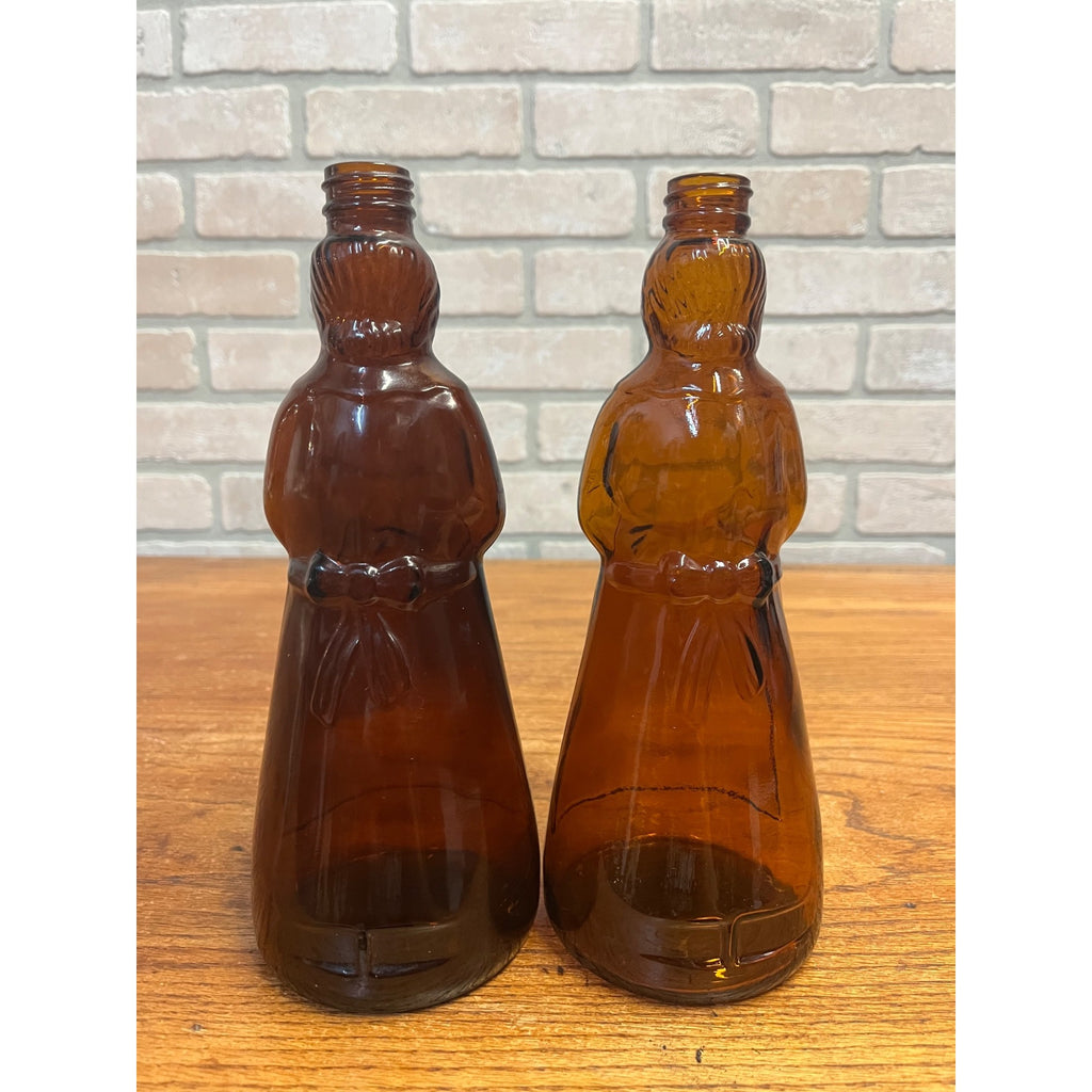 Vintage Mrs Buttersworth Maple Syrup Amber Glass Bottles Lot (2) 10"