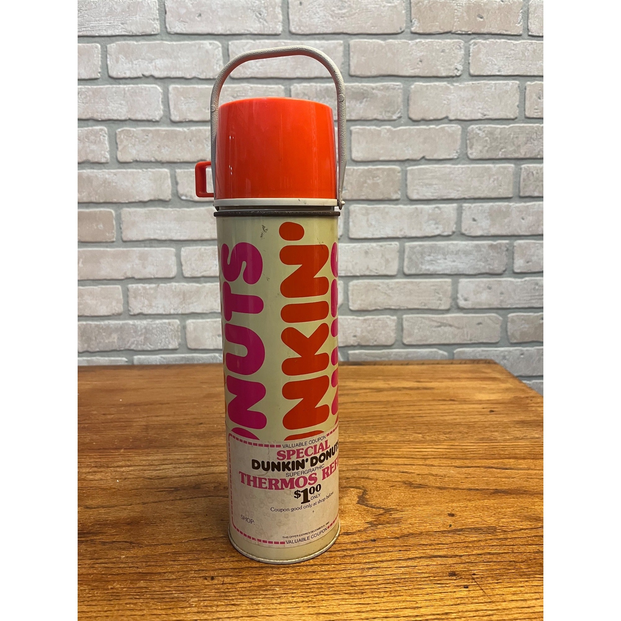 Vintage 1990 Dunkin Donuts Thermos Supergraphic Vacuum Bottle Coupon Orange
