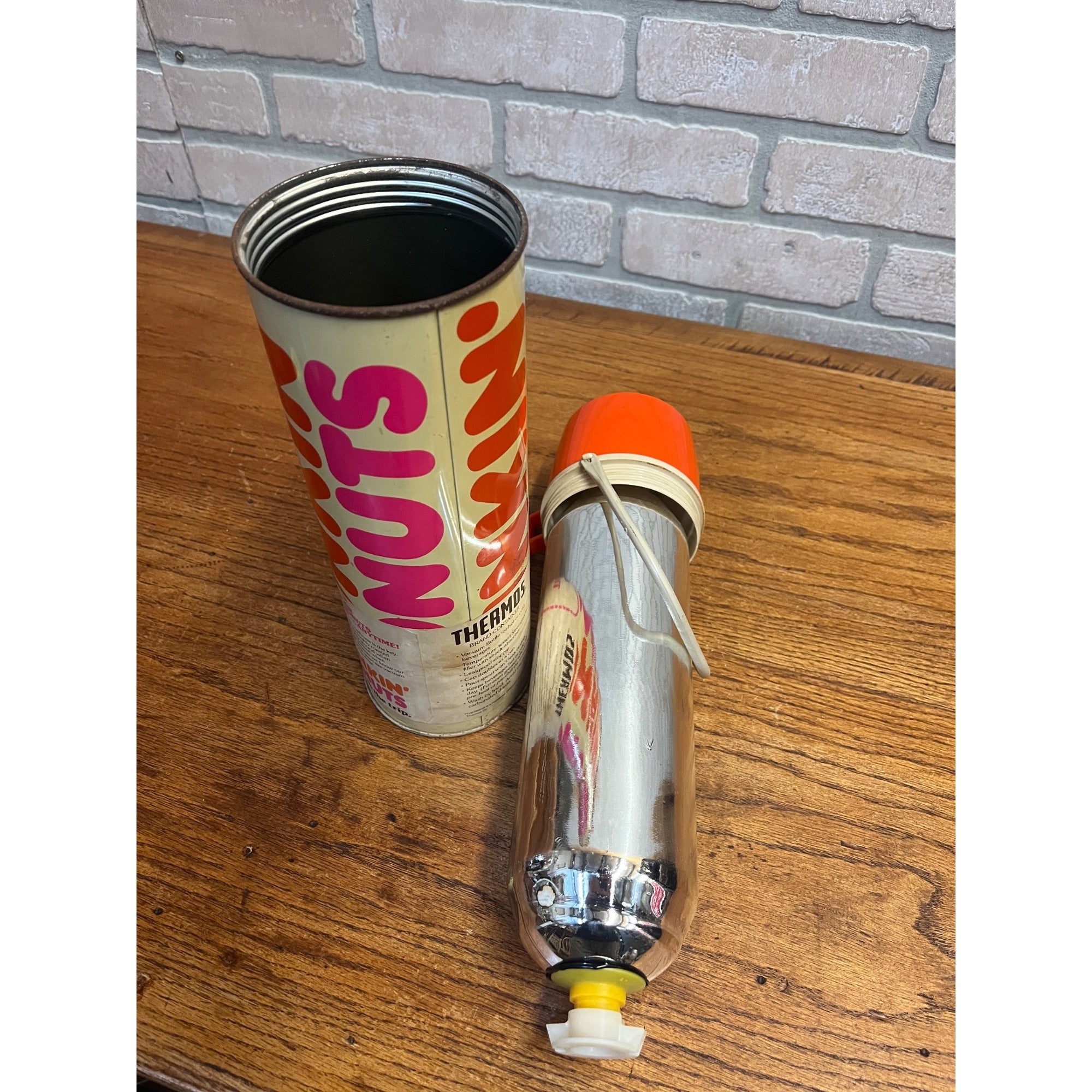 Vintage 1990 Dunkin Donuts Thermos Supergraphic Vacuum Bottle Coupon Orange