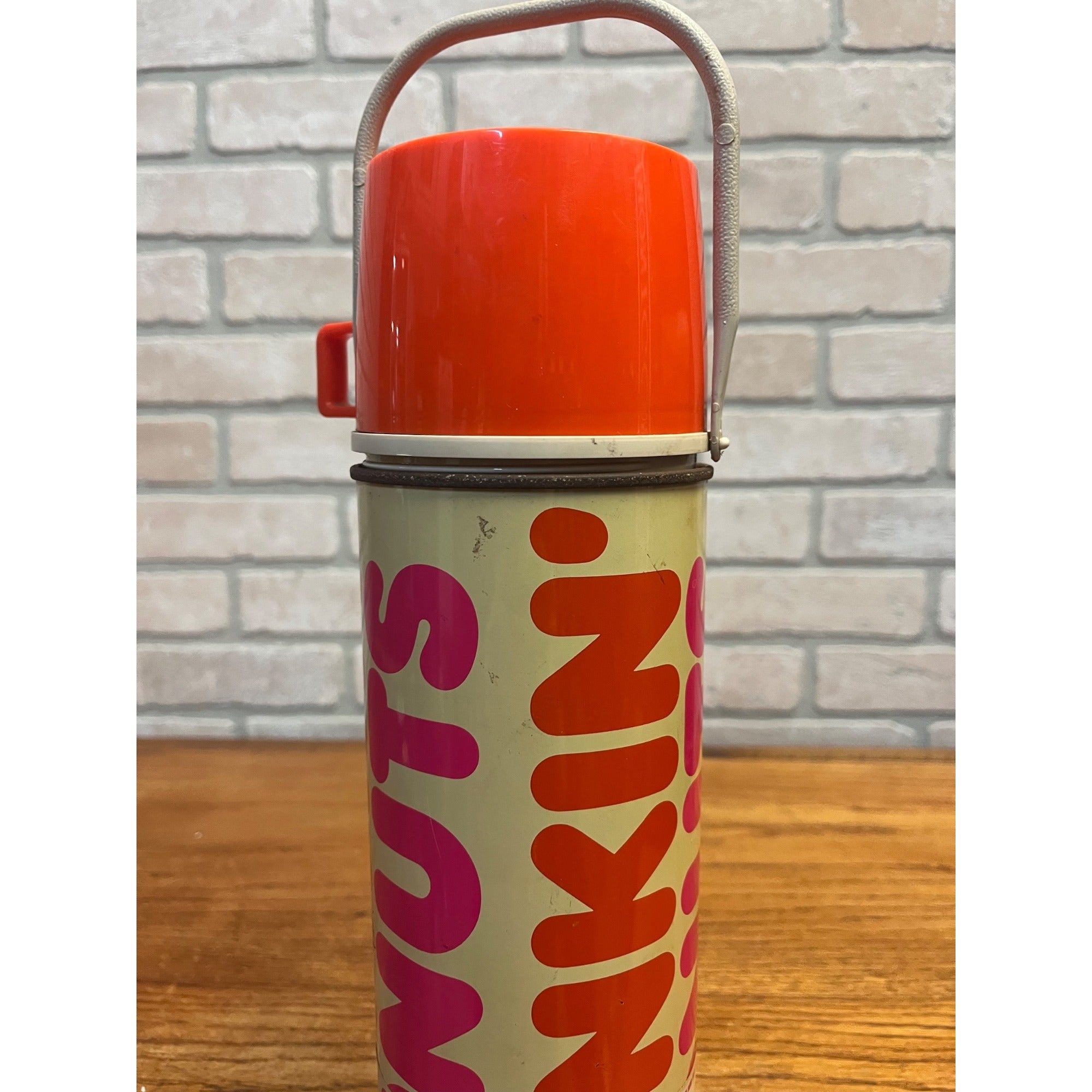 Vintage 1990 Dunkin Donuts Thermos Supergraphic Vacuum Bottle Coupon Orange