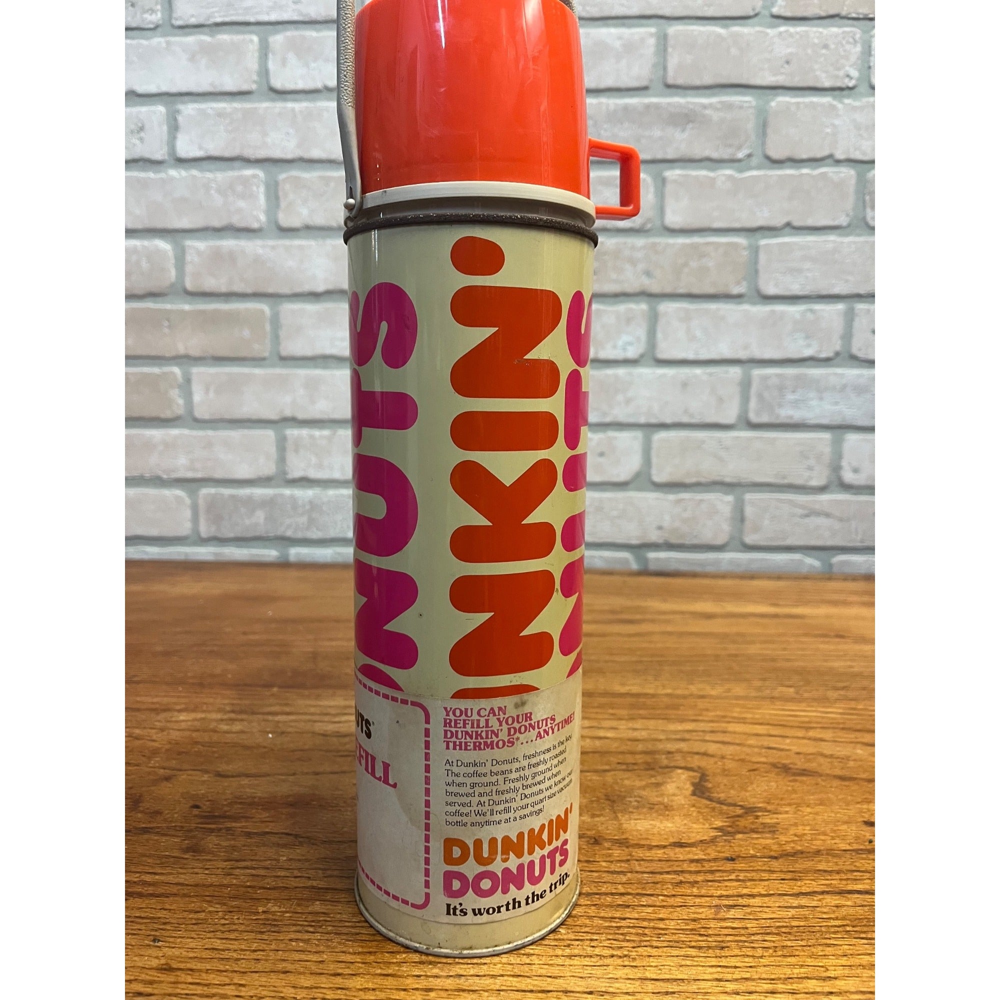 Vintage 1990 Dunkin Donuts Thermos Supergraphic Vacuum Bottle Coupon Orange
