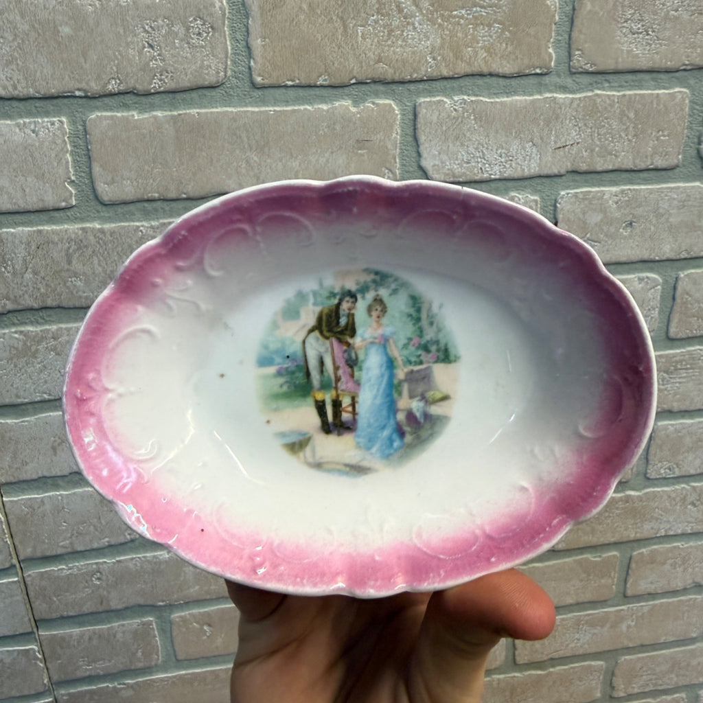 Vintage Porcelain Pink-Shaded Oval Dish With Romantic Scene Scalloped Edges As-Is
