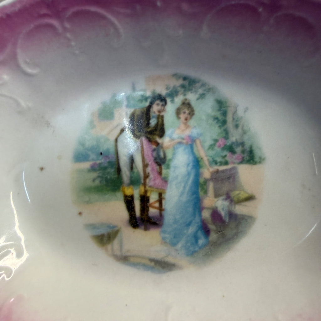 Vintage Porcelain Pink-Shaded Oval Dish With Romantic Scene Scalloped Edges As-Is