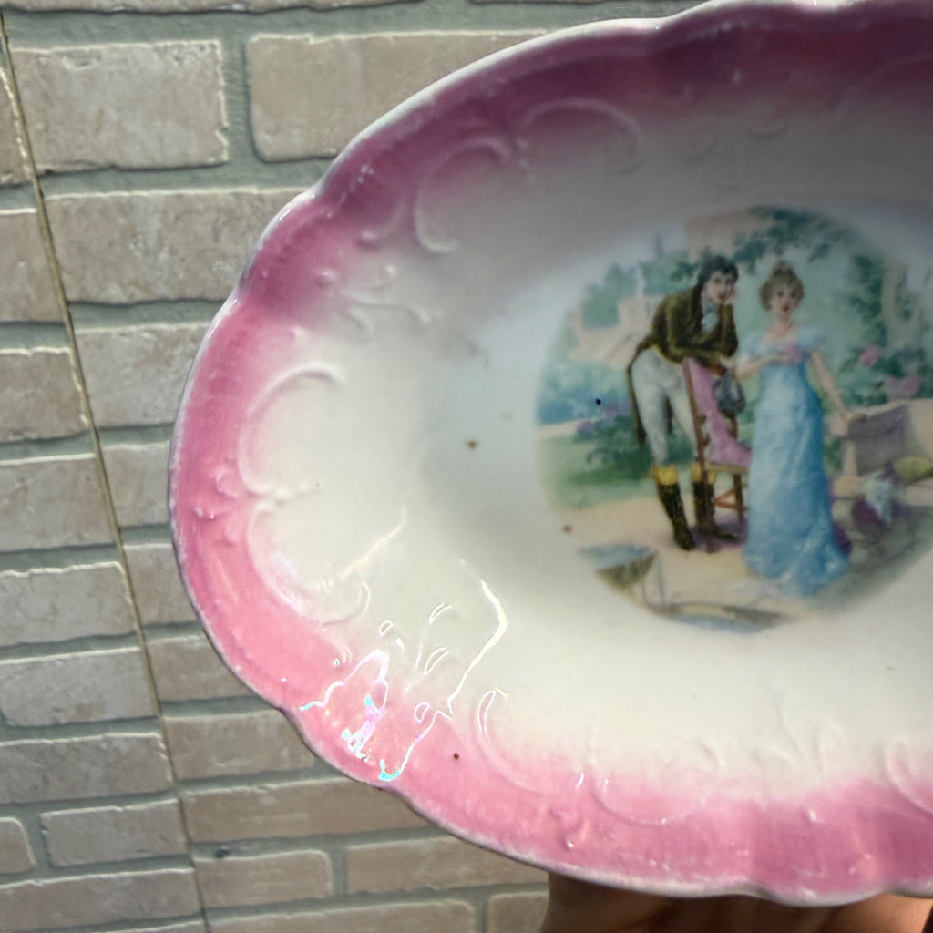Vintage Porcelain Pink-Shaded Oval Dish With Romantic Scene Scalloped Edges As-Is