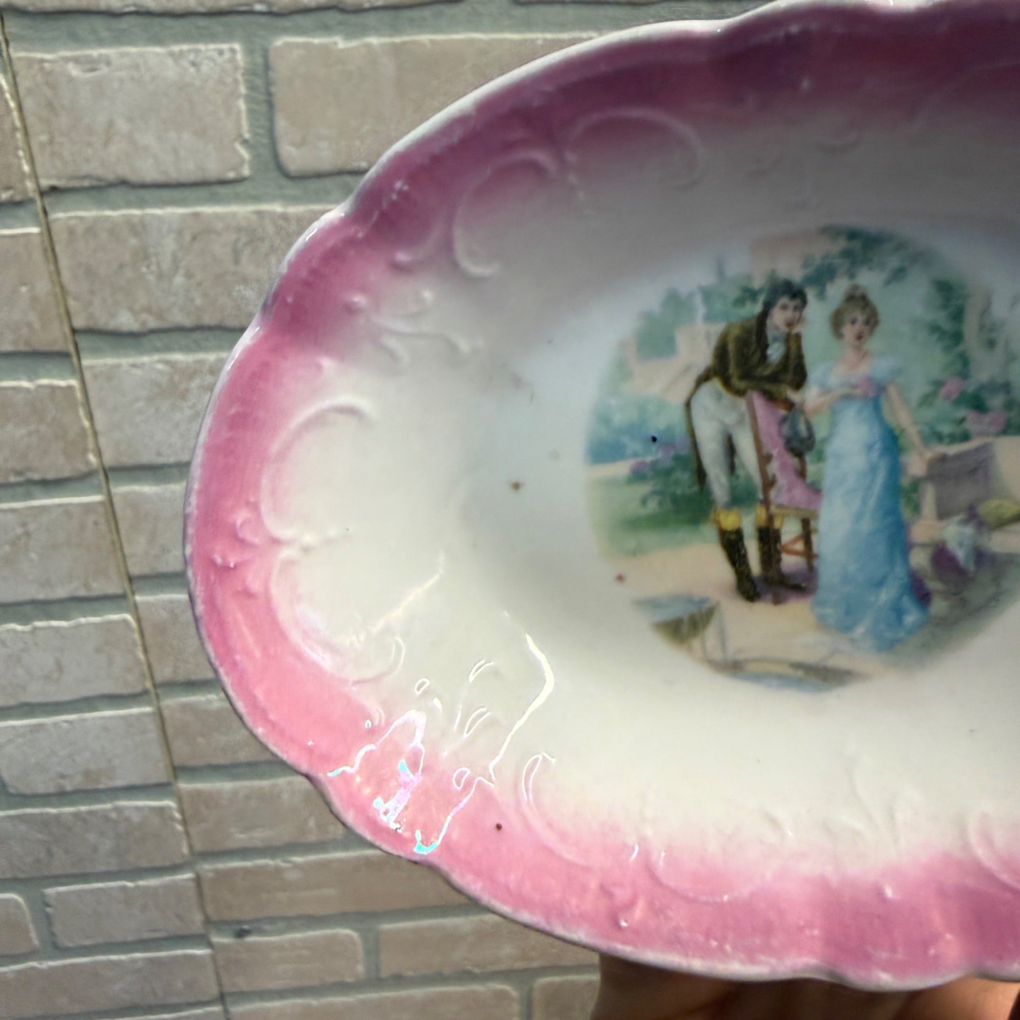 Vintage Porcelain Pink-Shaded Oval Dish With Romantic Scene Scalloped Edges As-Is
