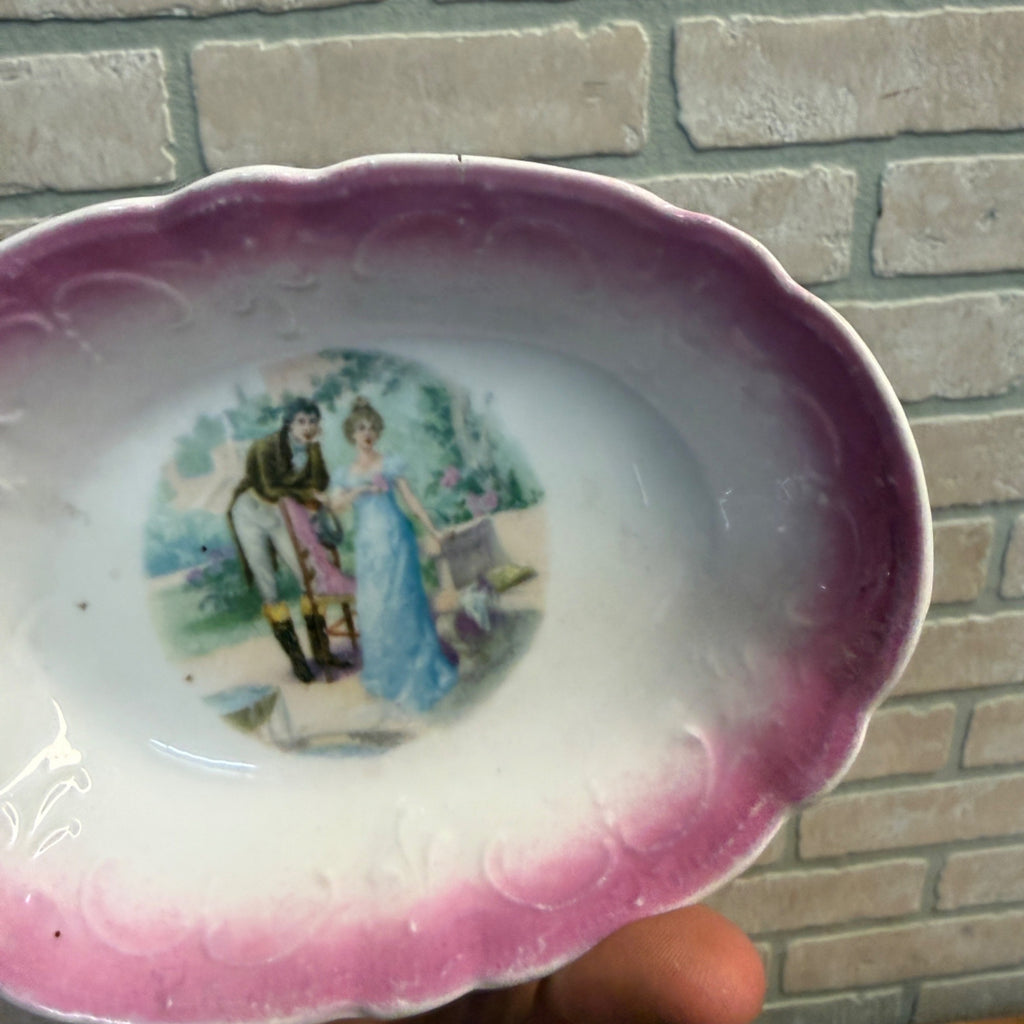 Vintage Porcelain Pink-Shaded Oval Dish With Romantic Scene Scalloped Edges As-Is