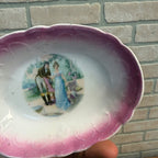 Vintage Porcelain Pink-Shaded Oval Dish With Romantic Scene Scalloped Edges As-Is