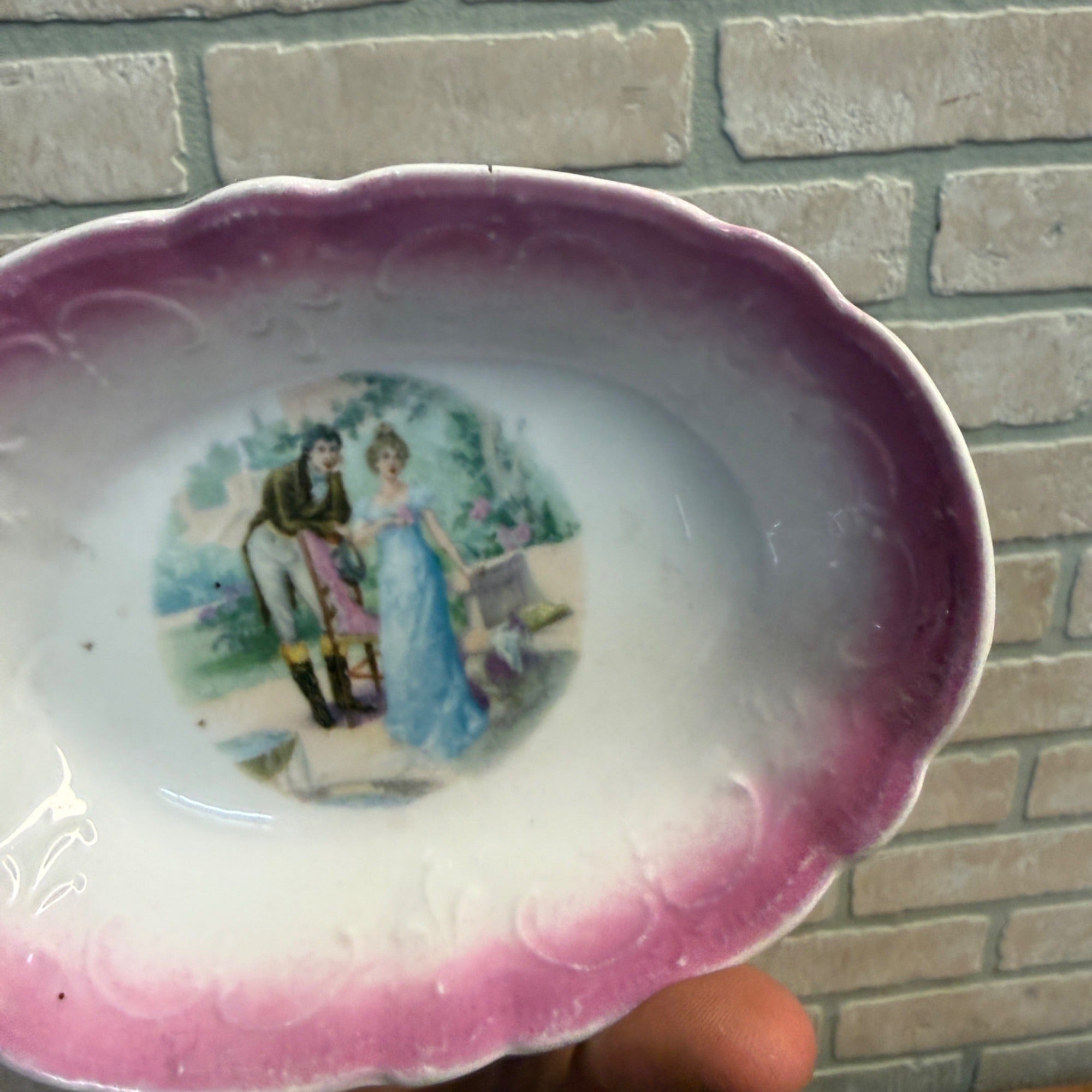 Vintage Porcelain Pink-Shaded Oval Dish With Romantic Scene Scalloped Edges As-Is