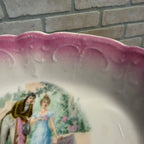 Vintage Porcelain Pink-Shaded Oval Dish With Romantic Scene Scalloped Edges As-Is