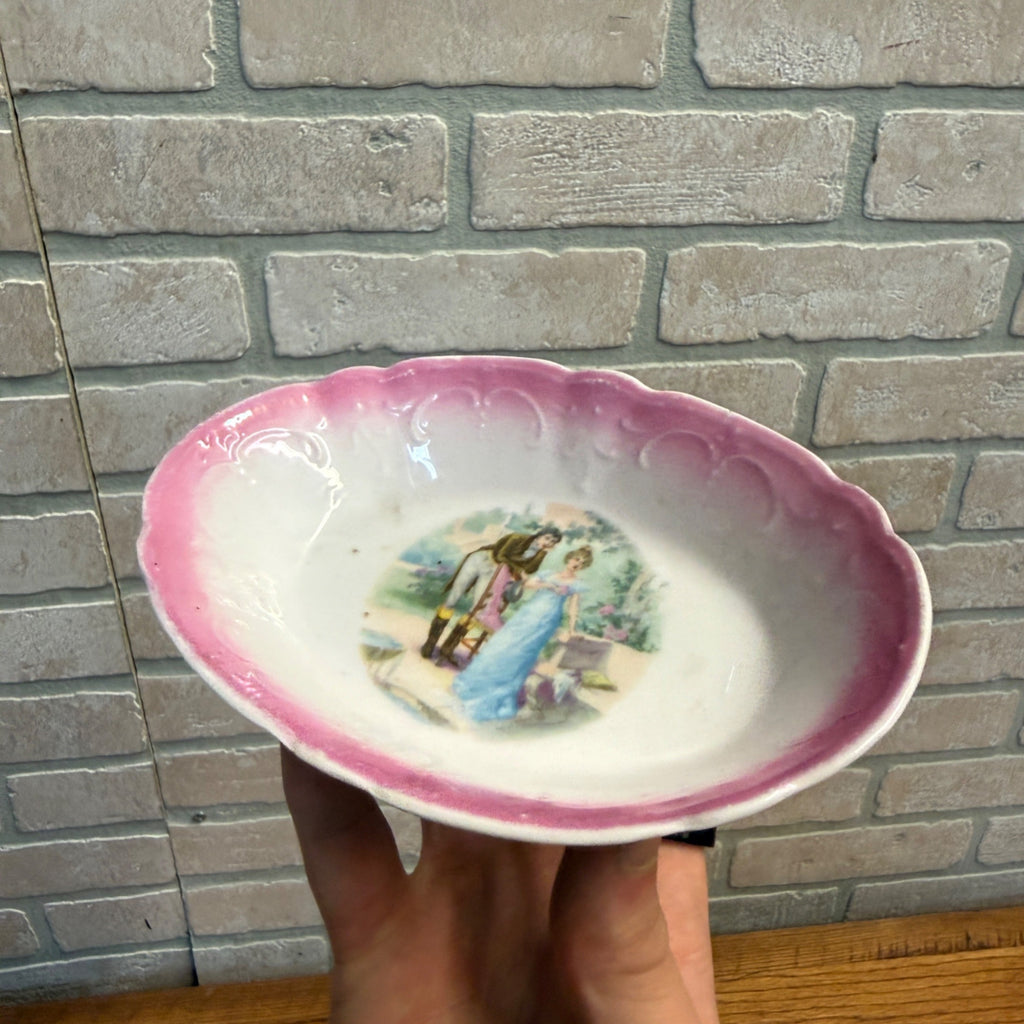 Vintage Porcelain Pink-Shaded Oval Dish With Romantic Scene Scalloped Edges As-Is